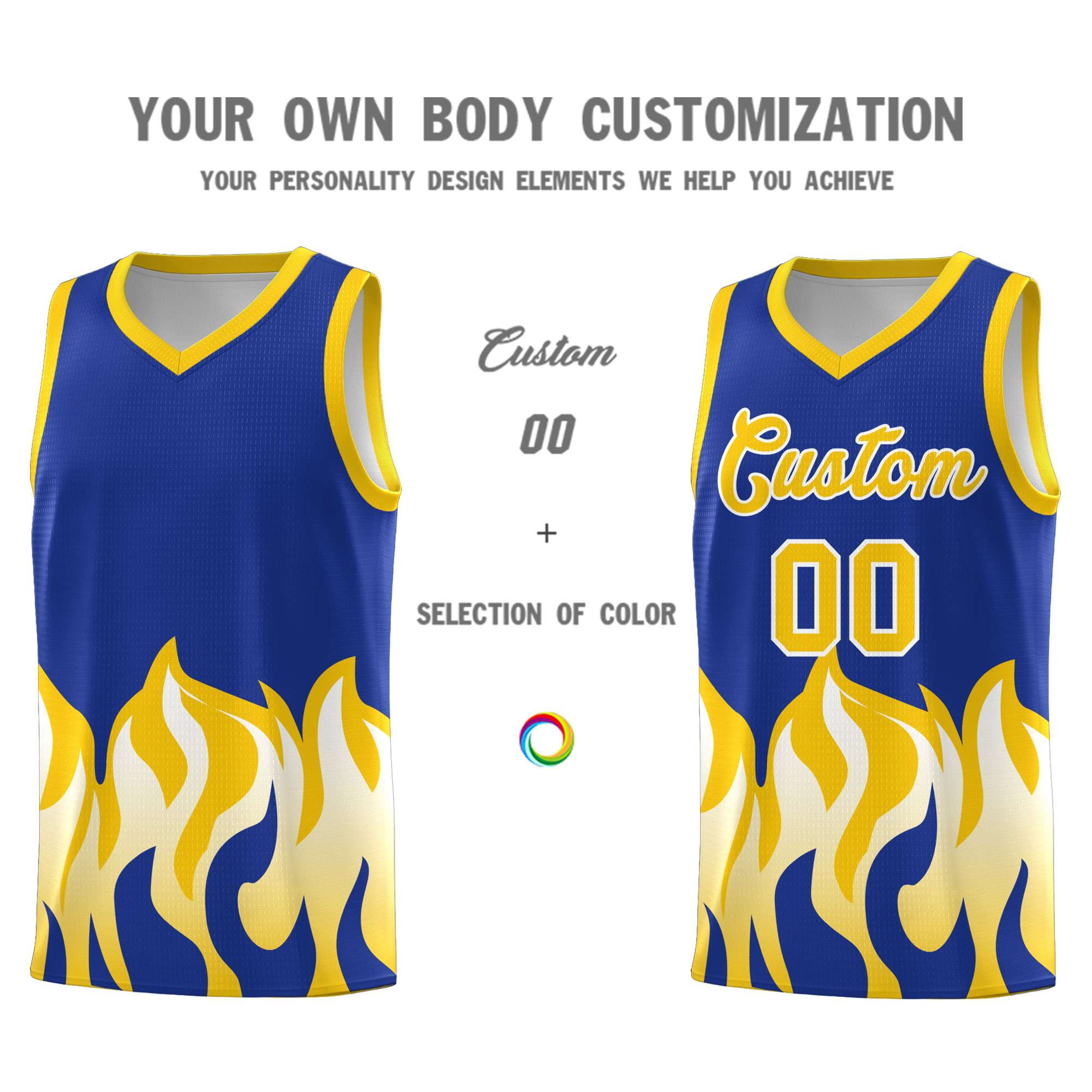 Custom Royal Gold Hem Flame Pattern Fashion Sports Uniform Basketball jersey