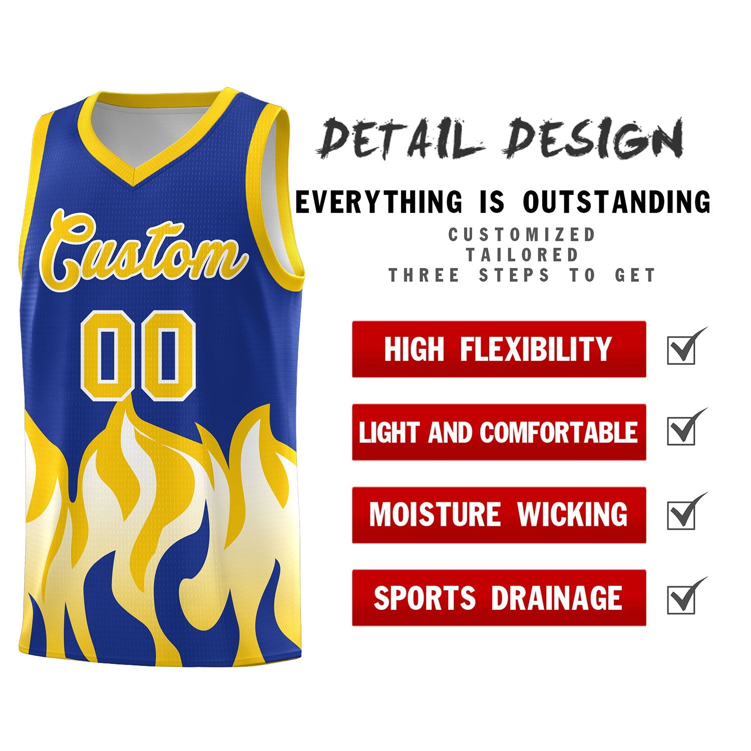 Custom Royal Gold Hem Flame Pattern Fashion Sports Uniform Basketball jersey