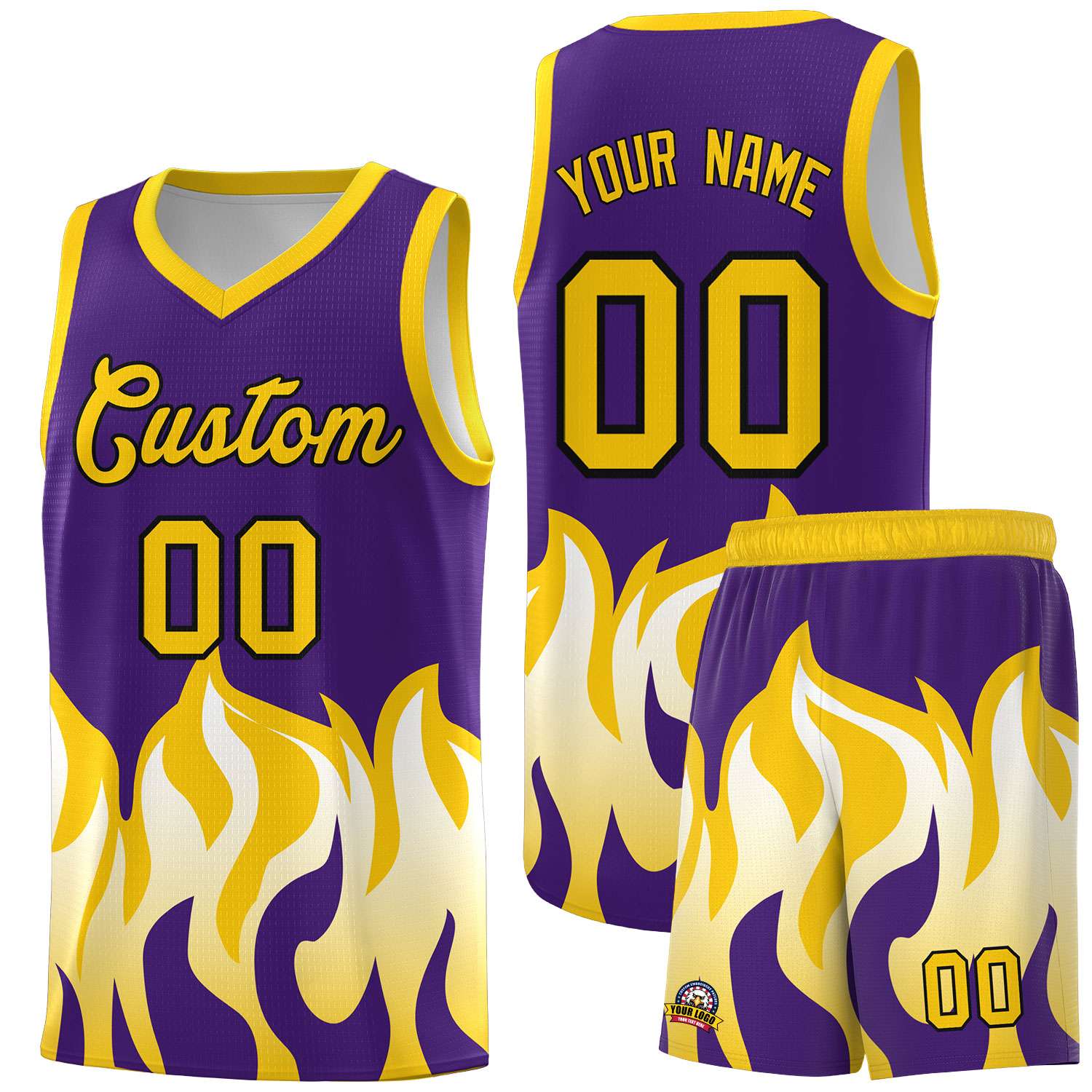 Custom Purple Gold Hem Flame Pattern Fashion Sports Uniform Basketball jersey