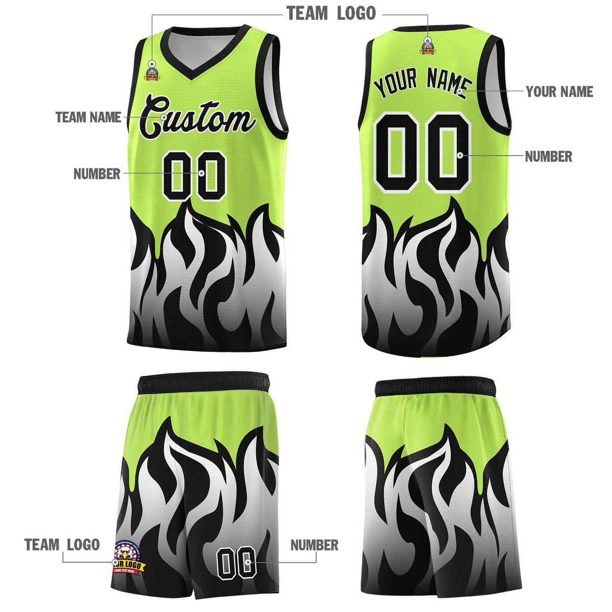 Custom Neon Green Black Hem Flame Pattern Fashion Sports Uniform Basketball jersey