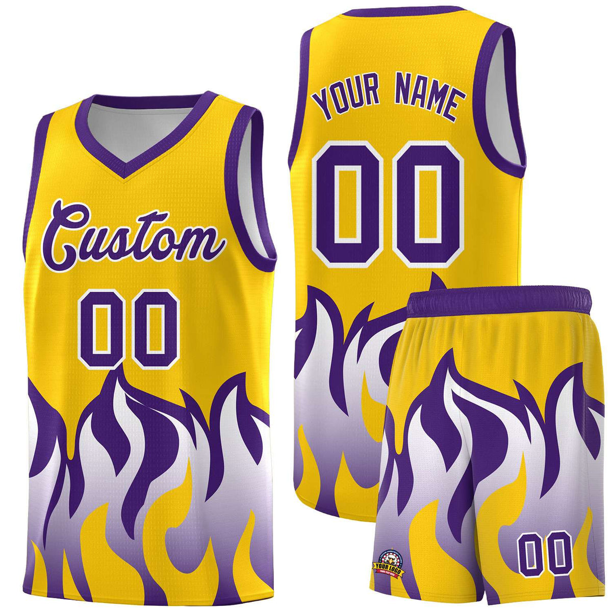 Custom Yellow Purple Hem Flame Pattern Fashion Sports Uniform Basketball jersey