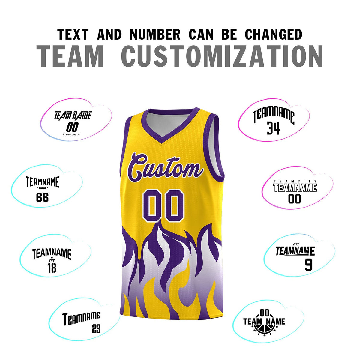 Custom Yellow Purple Hem Flame Pattern Fashion Sports Uniform Basketball jersey