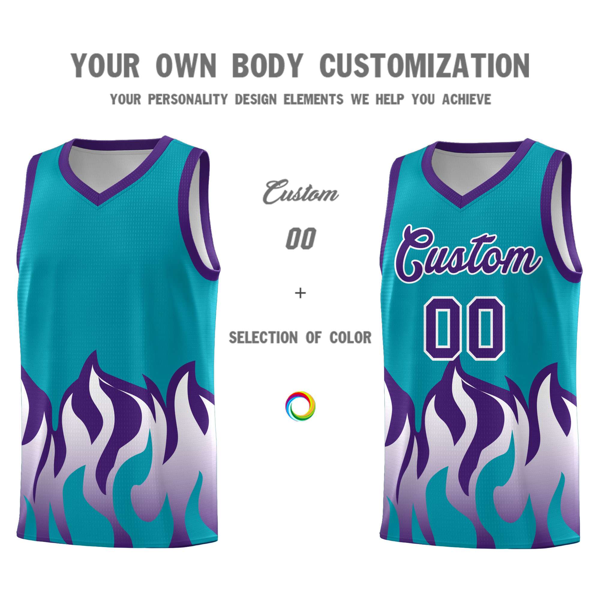Custom Aqua Purple Hem Flame Pattern Fashion Sports Uniform Basketball jersey