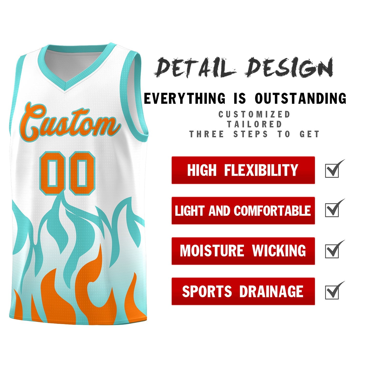 Custom White Orange Hem Flame Pattern Fashion Sports Uniform Basketball jersey
