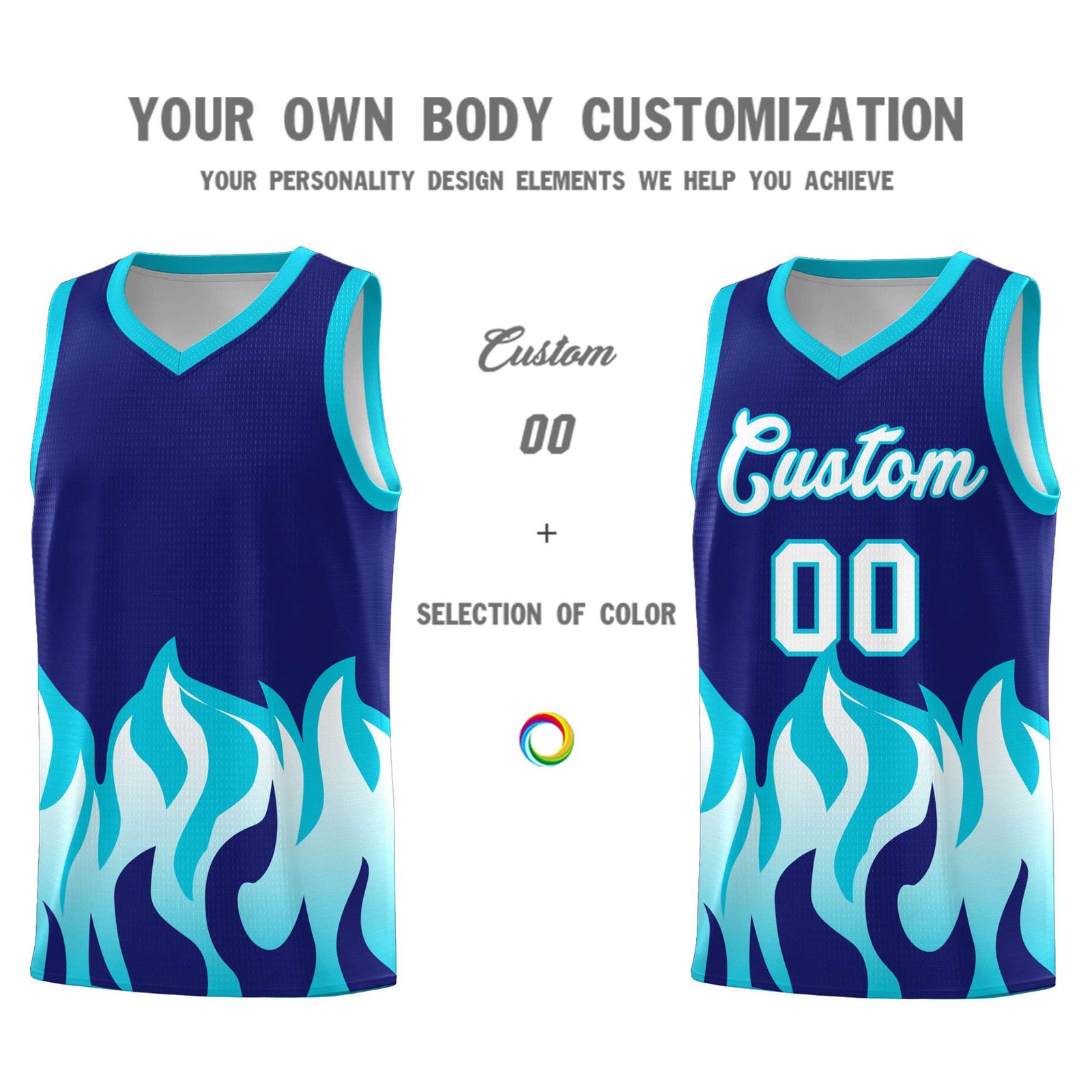 Custom Royal Sky Blue Hem Flame Pattern Fashion Sports Uniform Basketball jersey
