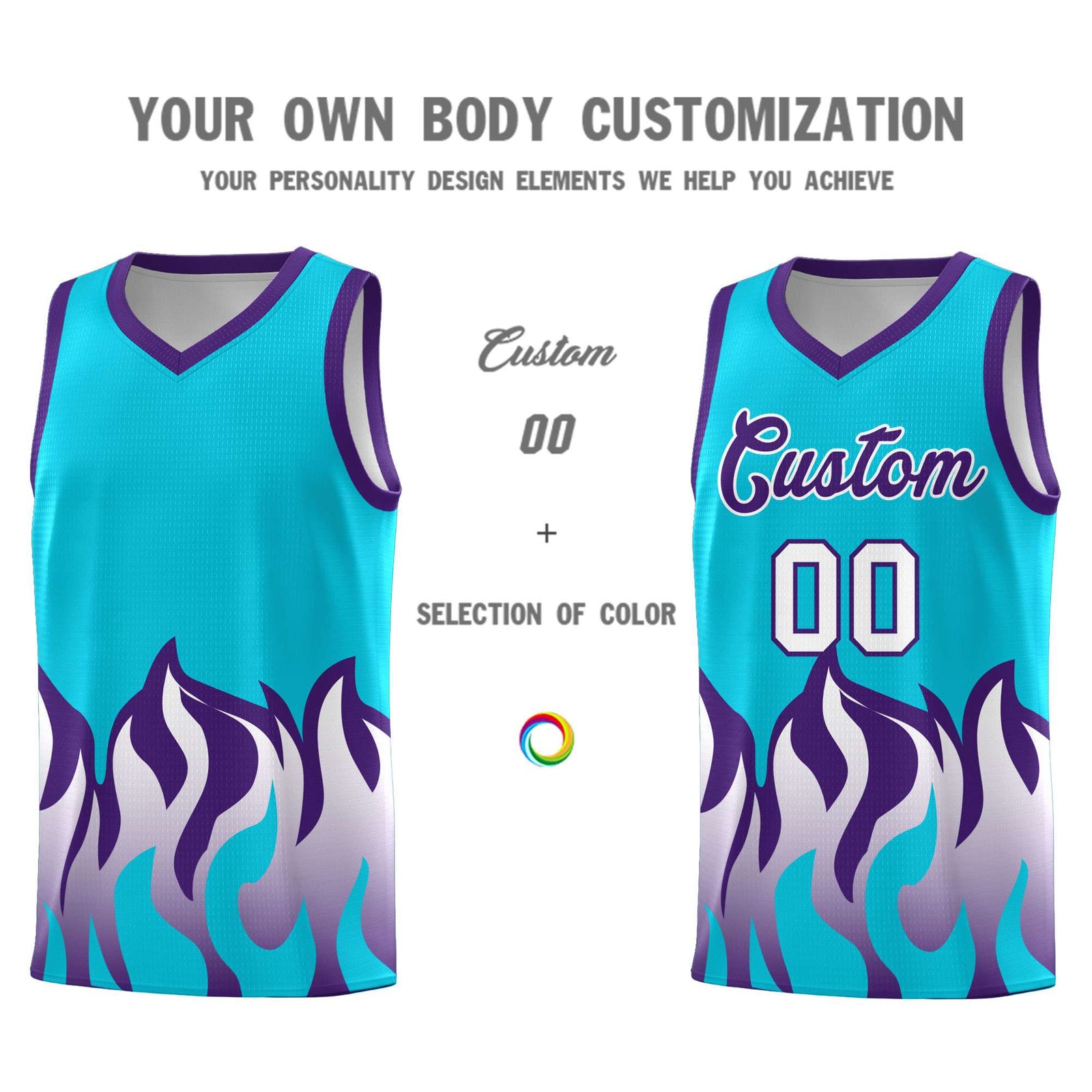 Custom Sky Blue Purple Hem Flame Pattern Fashion Sports Uniform Basketball jersey