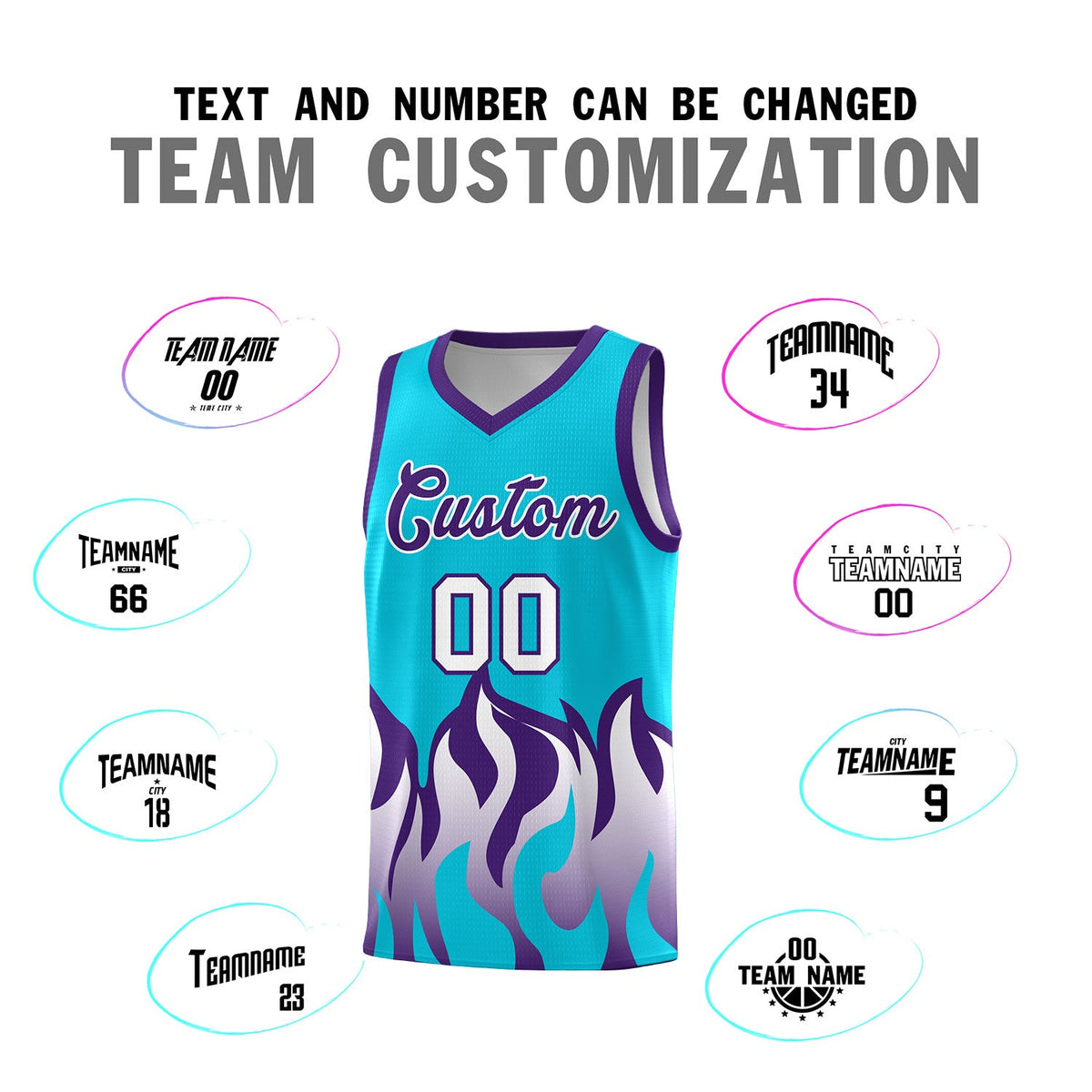 Custom Sky Blue Purple Hem Flame Pattern Fashion Sports Uniform Basketball jersey