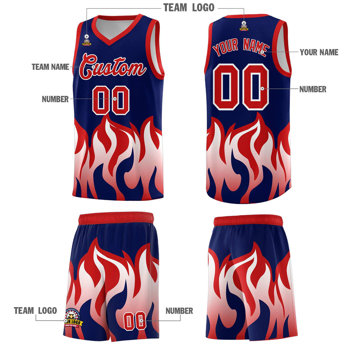 Custom Navy Red Hem Flame Pattern Fashion Sports Uniform Basketball jersey