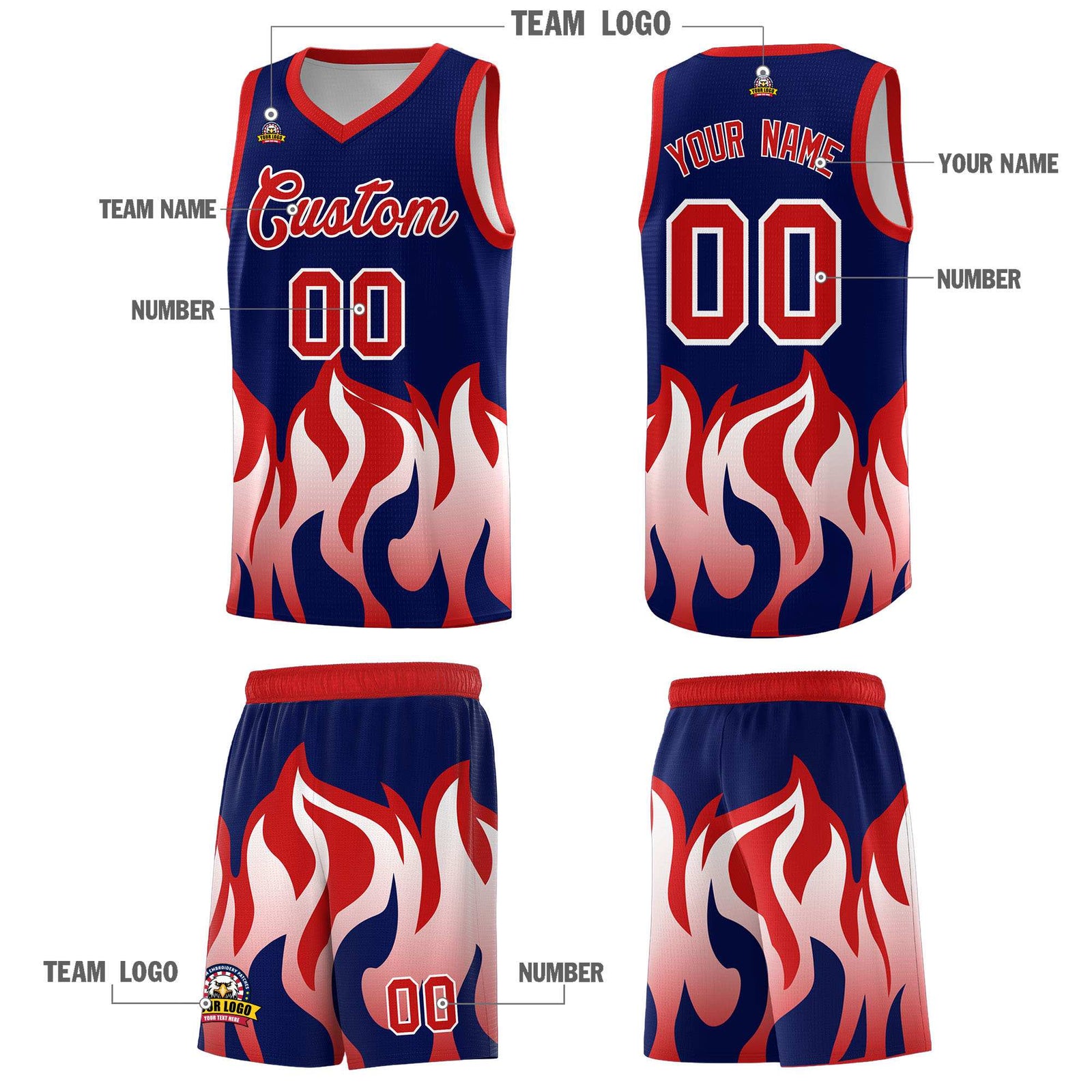 Custom Navy Red Hem Flame Pattern Fashion Sports Uniform Basketball jersey
