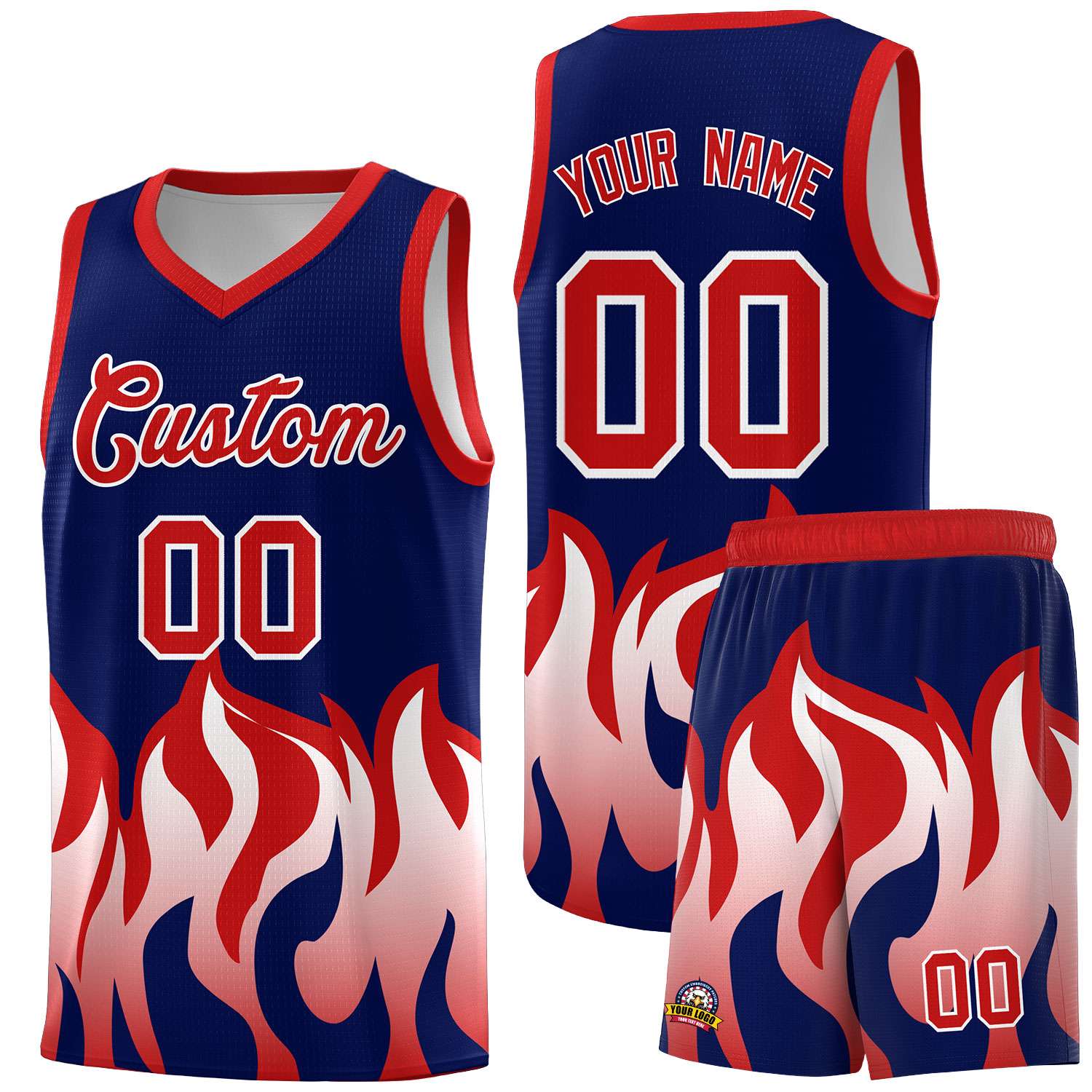 Custom Navy Red Hem Flame Pattern Fashion Sports Uniform Basketball jersey