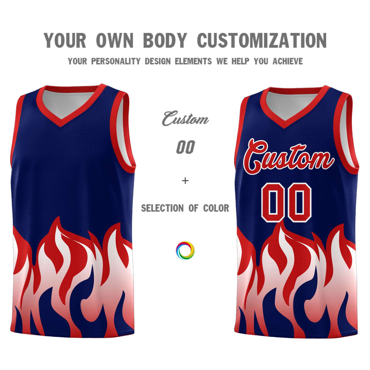 Custom Navy Red Hem Flame Pattern Fashion Sports Uniform Basketball jersey