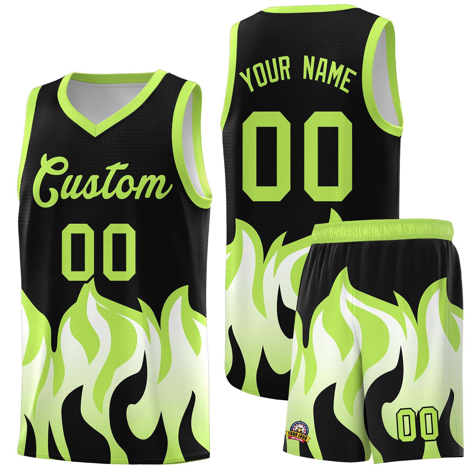 Custom Black Fluorescent Green Hem Flame Pattern Fashion Sports Uniform Basketball jersey