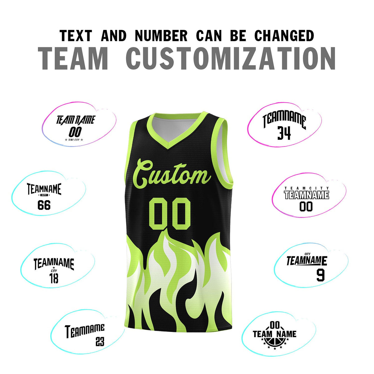 Custom Black Fluorescent Green Hem Flame Pattern Fashion Sports Uniform Basketball jersey