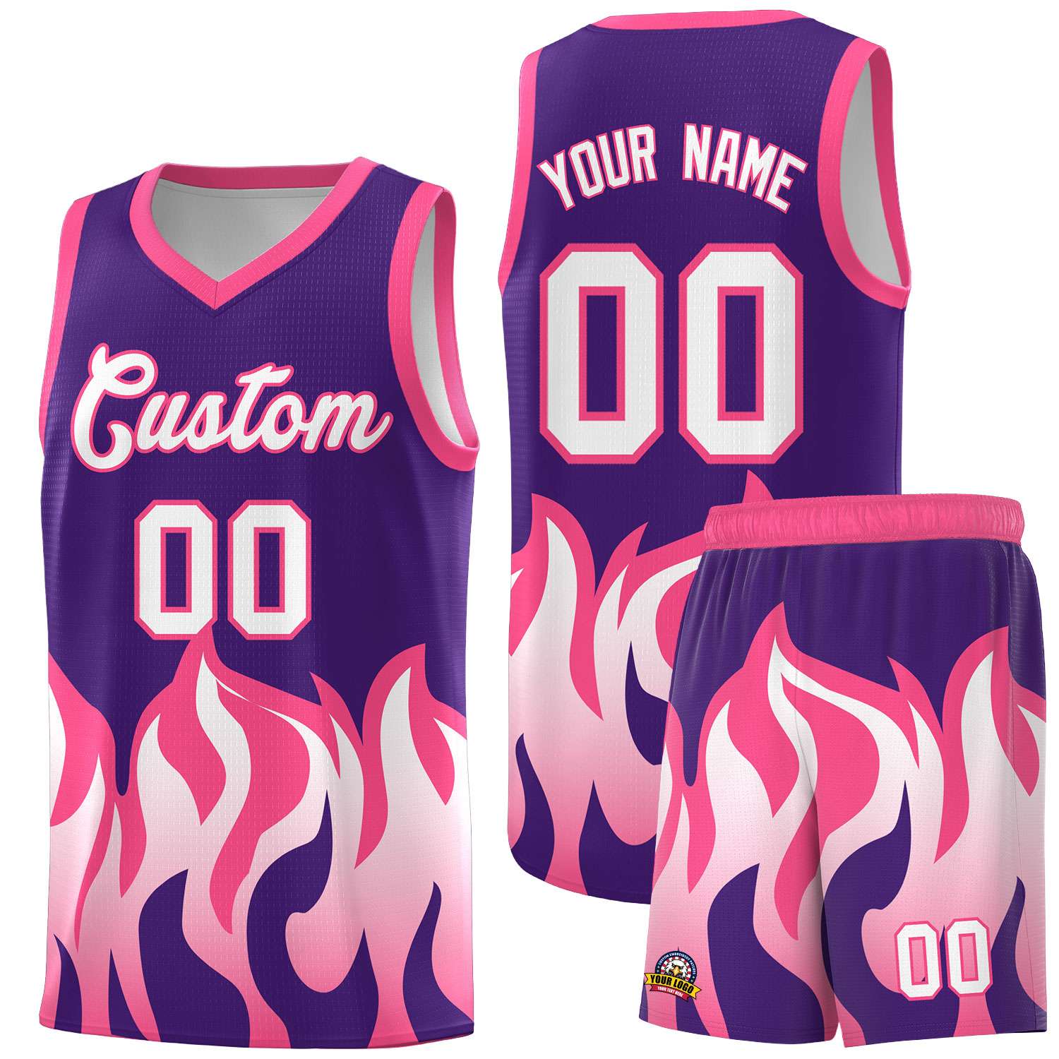 Custom Purple Pink Hem Flame Pattern Fashion Sports Uniform Basketball jersey
