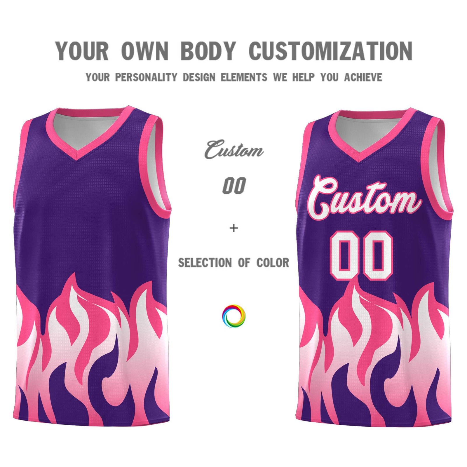 Custom Purple Pink Hem Flame Pattern Fashion Sports Uniform Basketball jersey