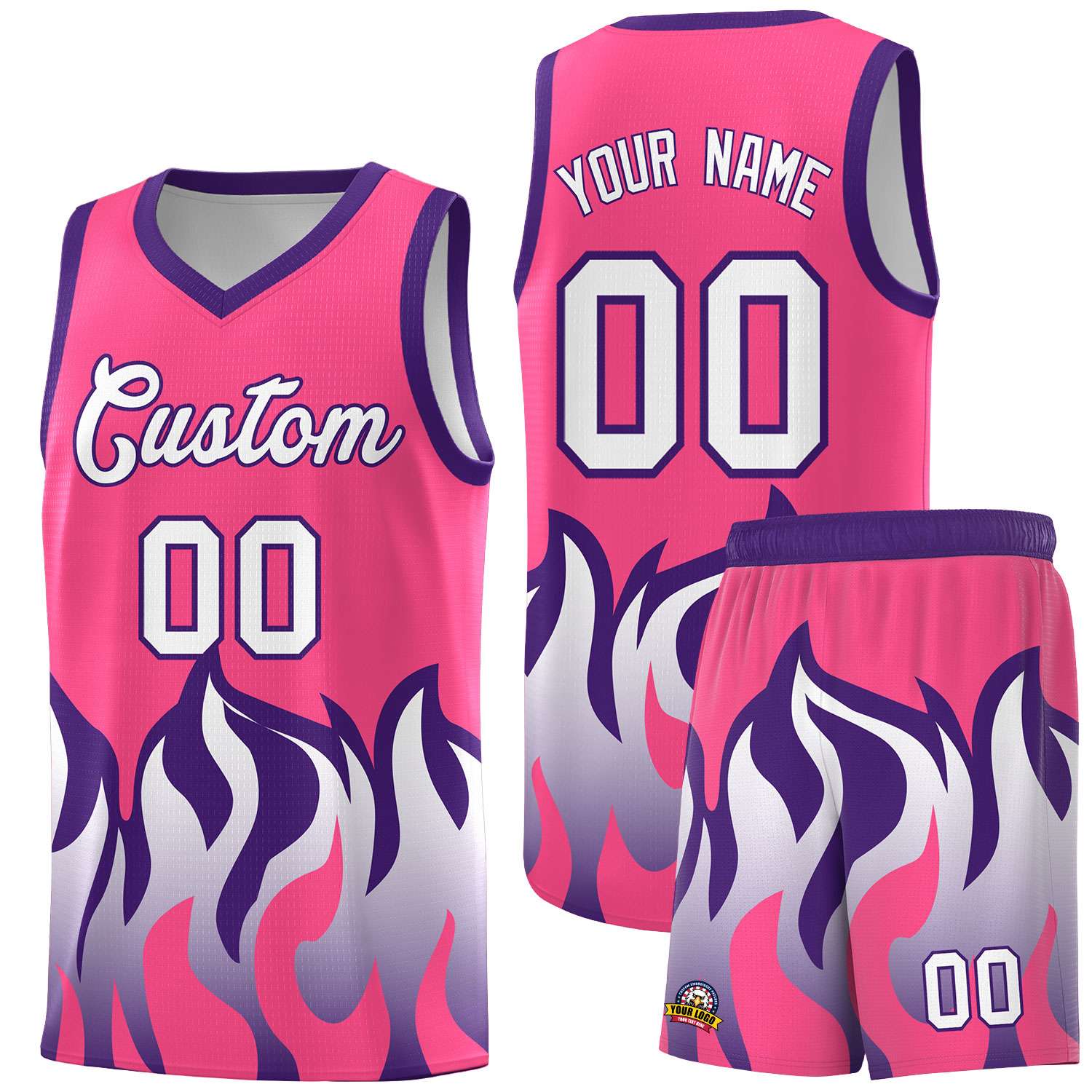 Custom Pink Purple Hem Flame Pattern Fashion Sports Uniform Basketball jersey