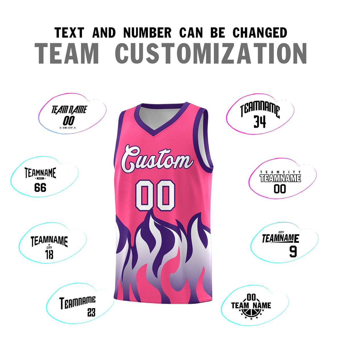 Custom Pink Purple Hem Flame Pattern Fashion Sports Uniform Basketball jersey