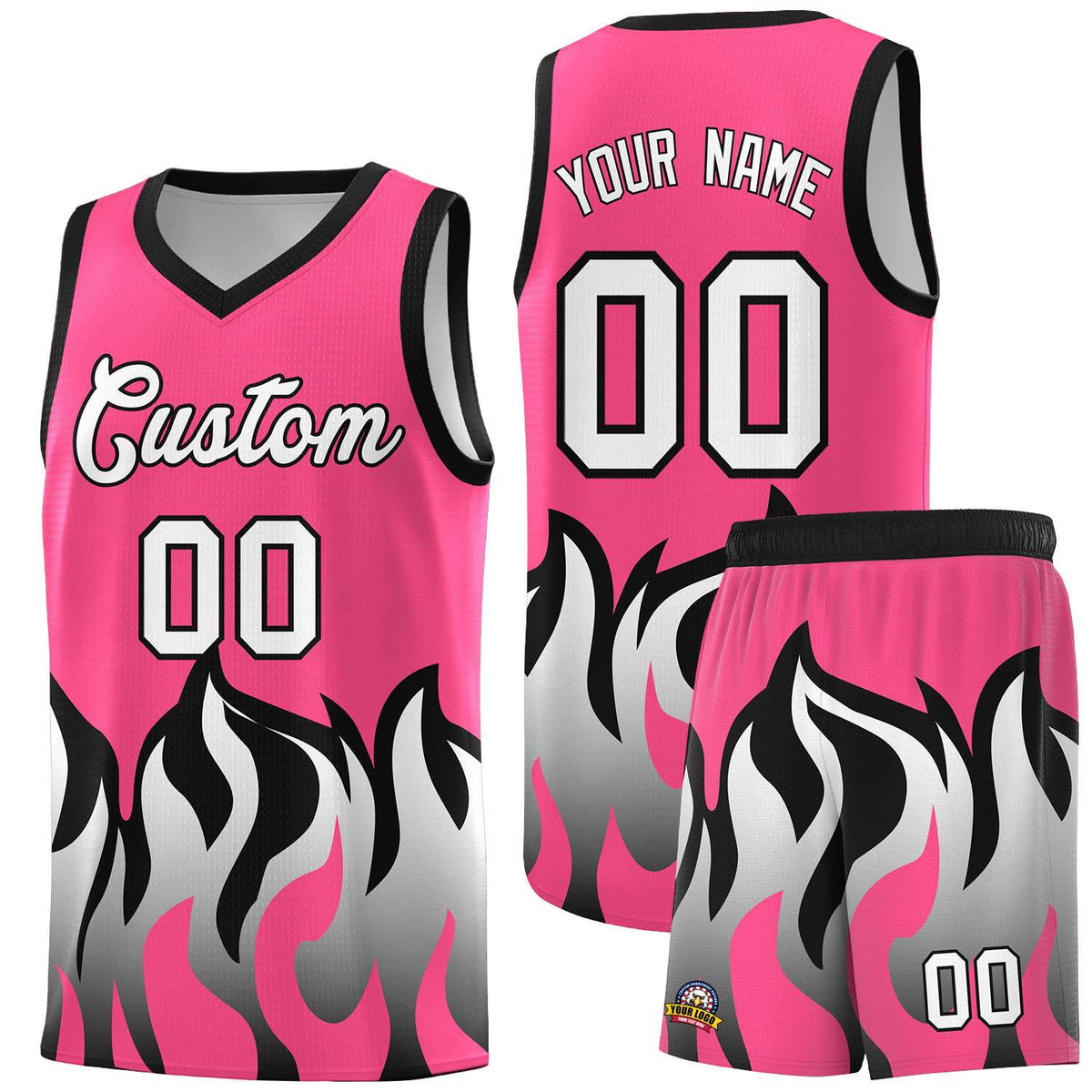 Custom Pink Black Hem Flame Pattern Fashion Sports Uniform Basketball jersey