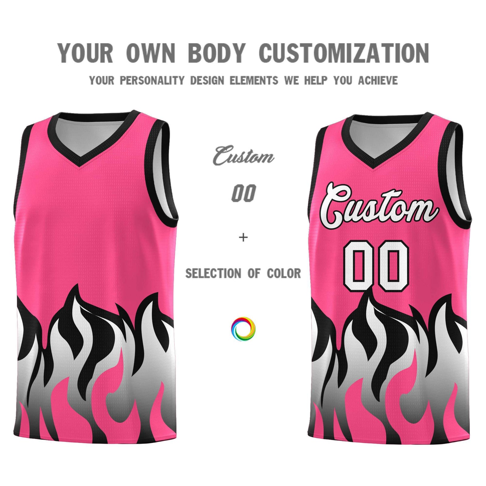 Custom Pink Black Hem Flame Pattern Fashion Sports Uniform Basketball jersey