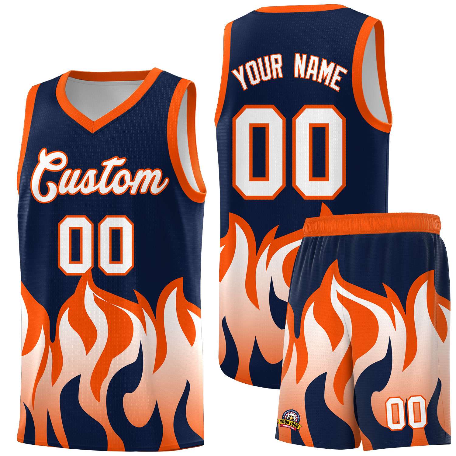 Custom Navy Orange Hem Flame Pattern Fashion Sports Uniform Basketball jersey
