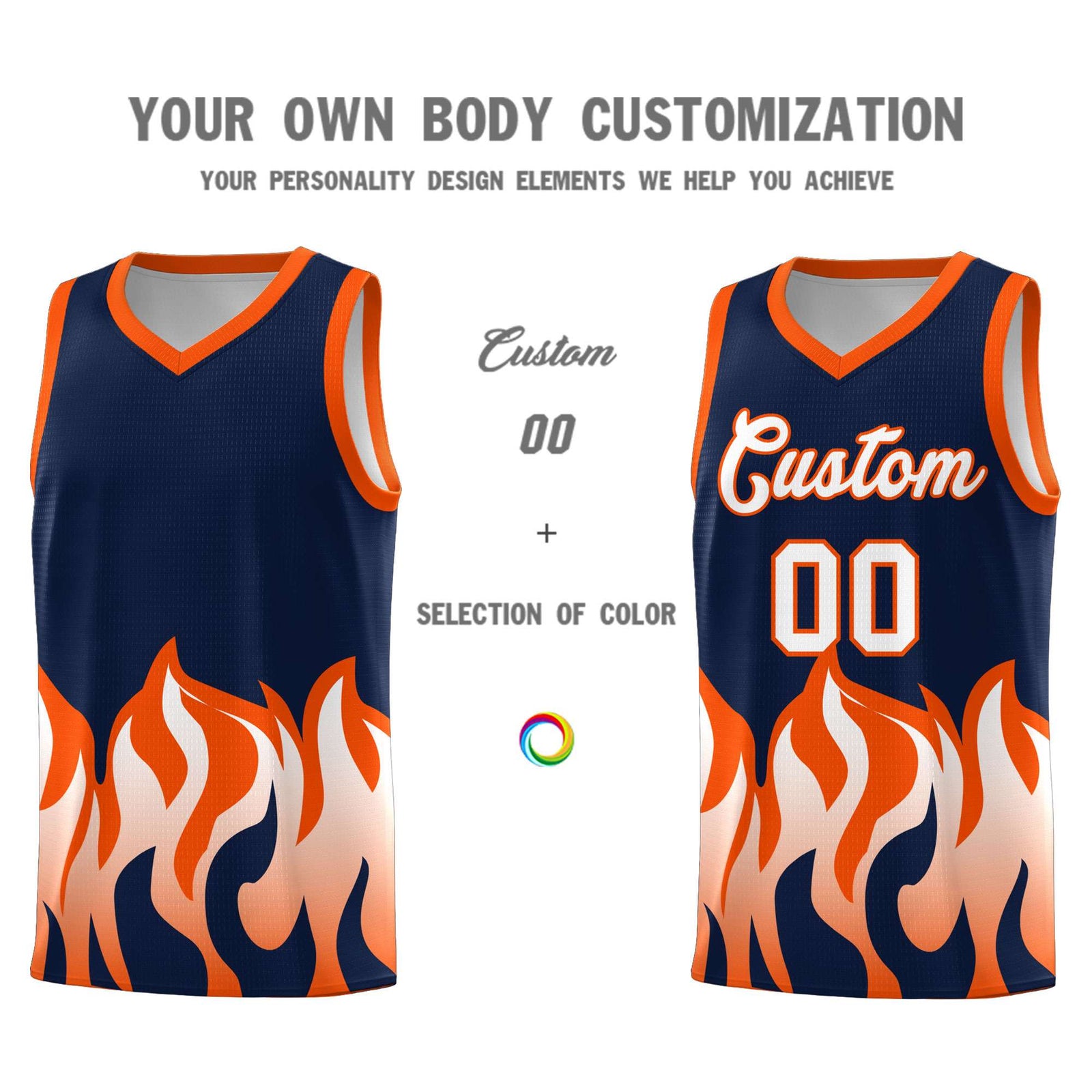 Custom Navy Orange Hem Flame Pattern Fashion Sports Uniform Basketball jersey