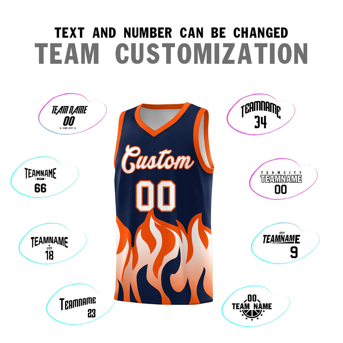 Custom Navy Orange Hem Flame Pattern Fashion Sports Uniform Basketball jersey