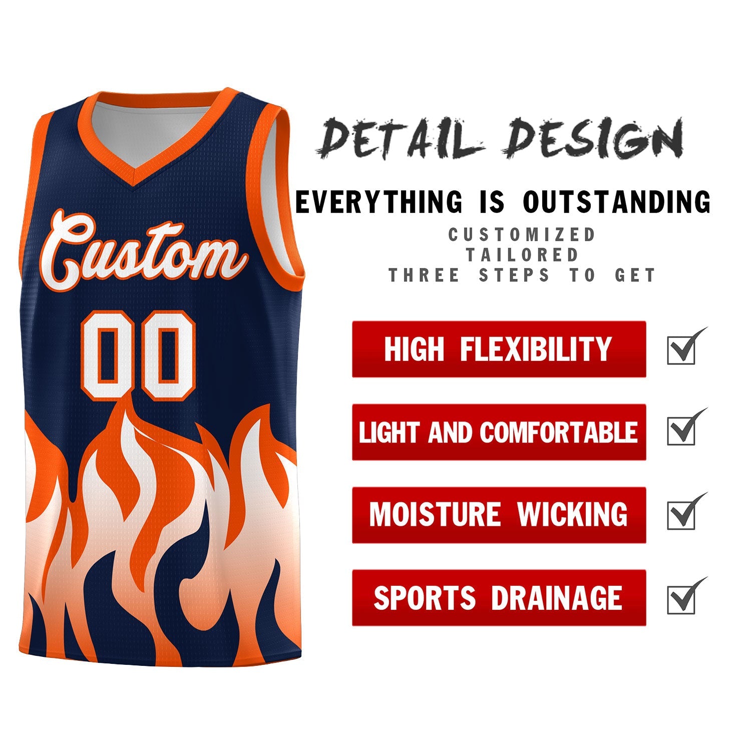 Custom Navy Orange Hem Flame Pattern Fashion Sports Uniform Basketball jersey