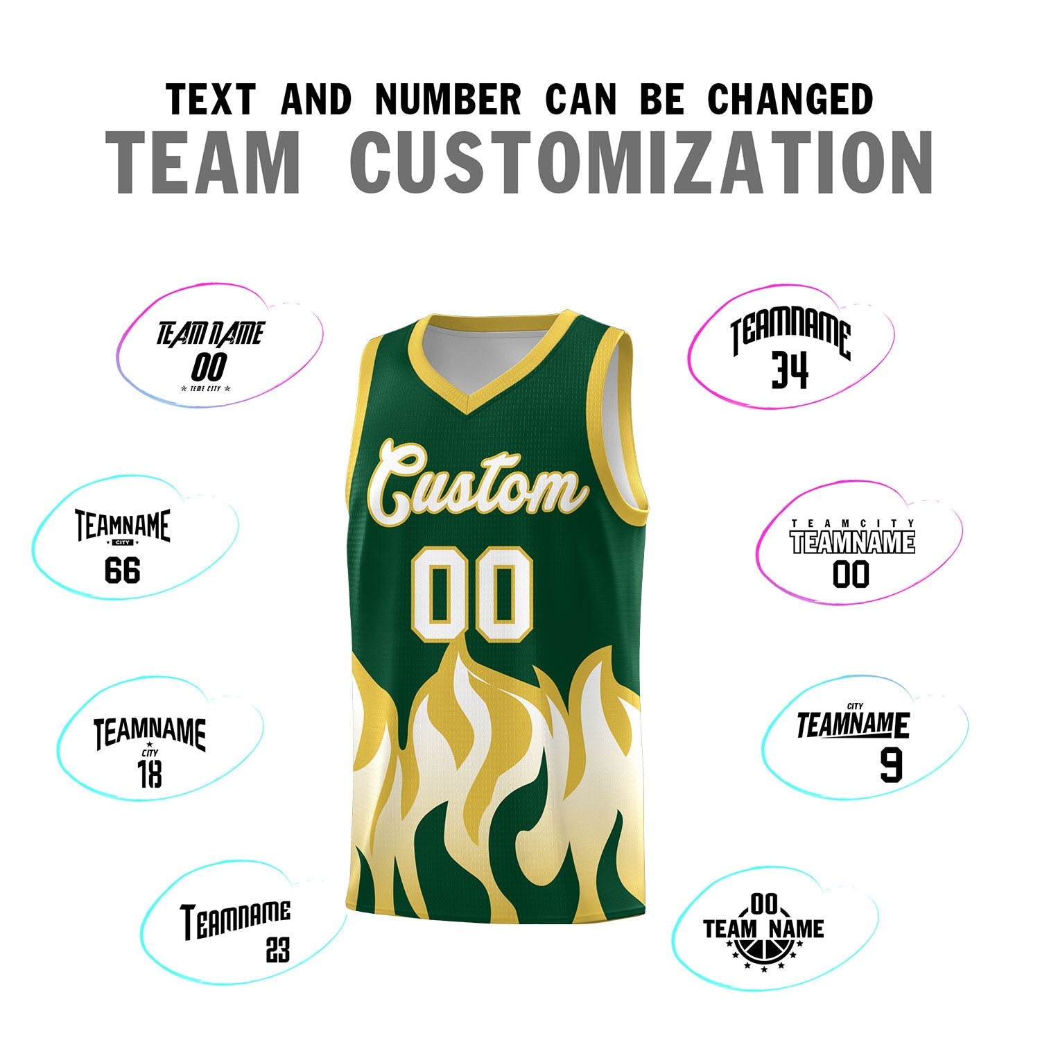 Custom Kelly Green Old Gold Hem Flame Pattern Fashion Sports Uniform Basketball jersey