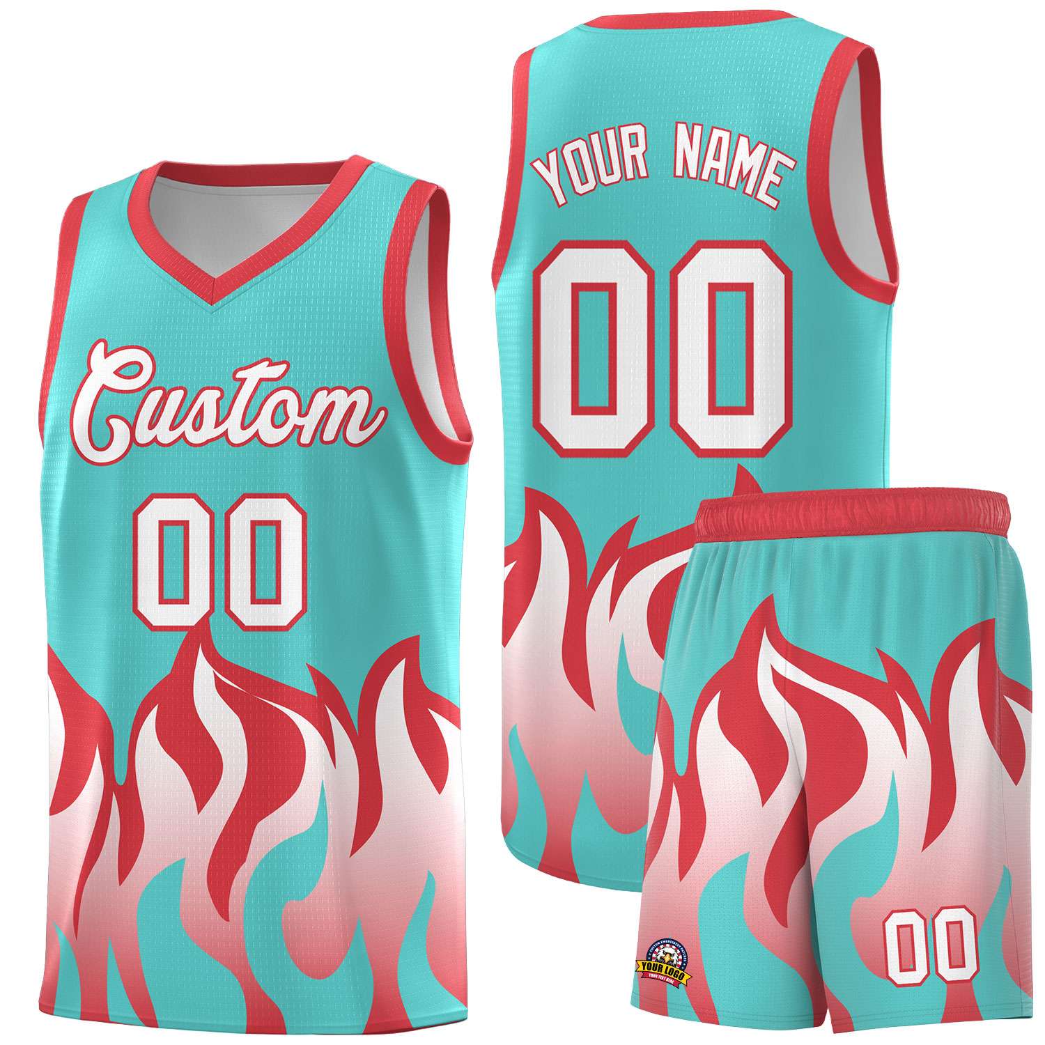 Custom Bright Green Light Red Hem Flame Pattern Fashion Sports Uniform Basketball jersey