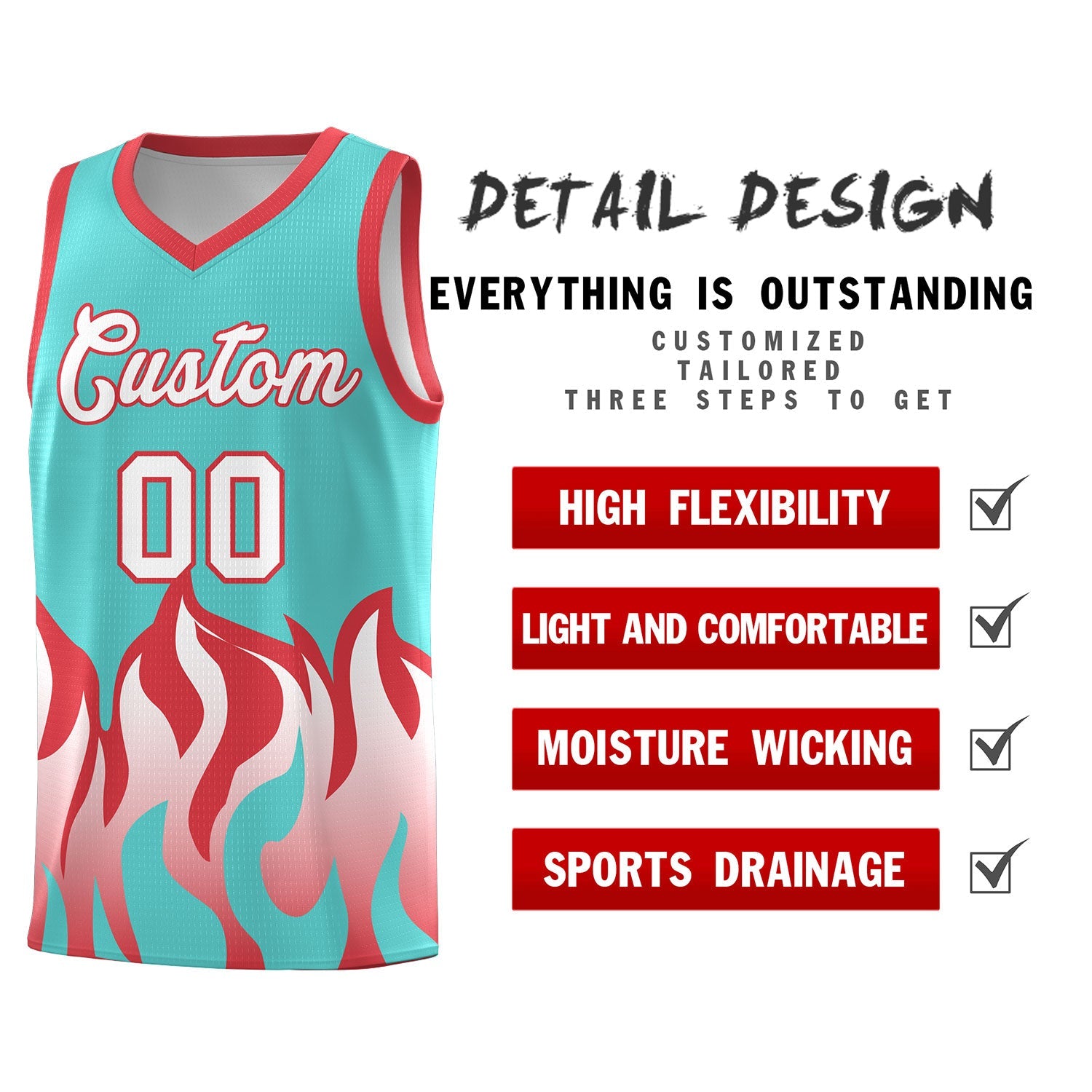 Custom Bright Green Light Red Hem Flame Pattern Fashion Sports Uniform Basketball jersey