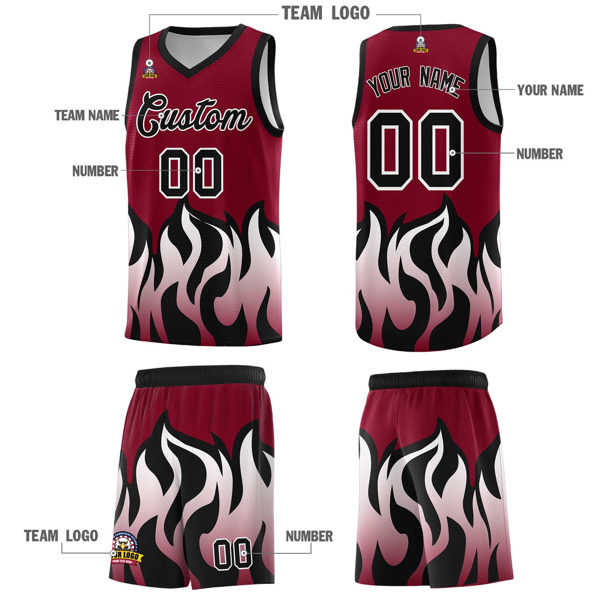 Custom Crimson Black Hem Flame Pattern Fashion Sports Uniform Basketball jersey
