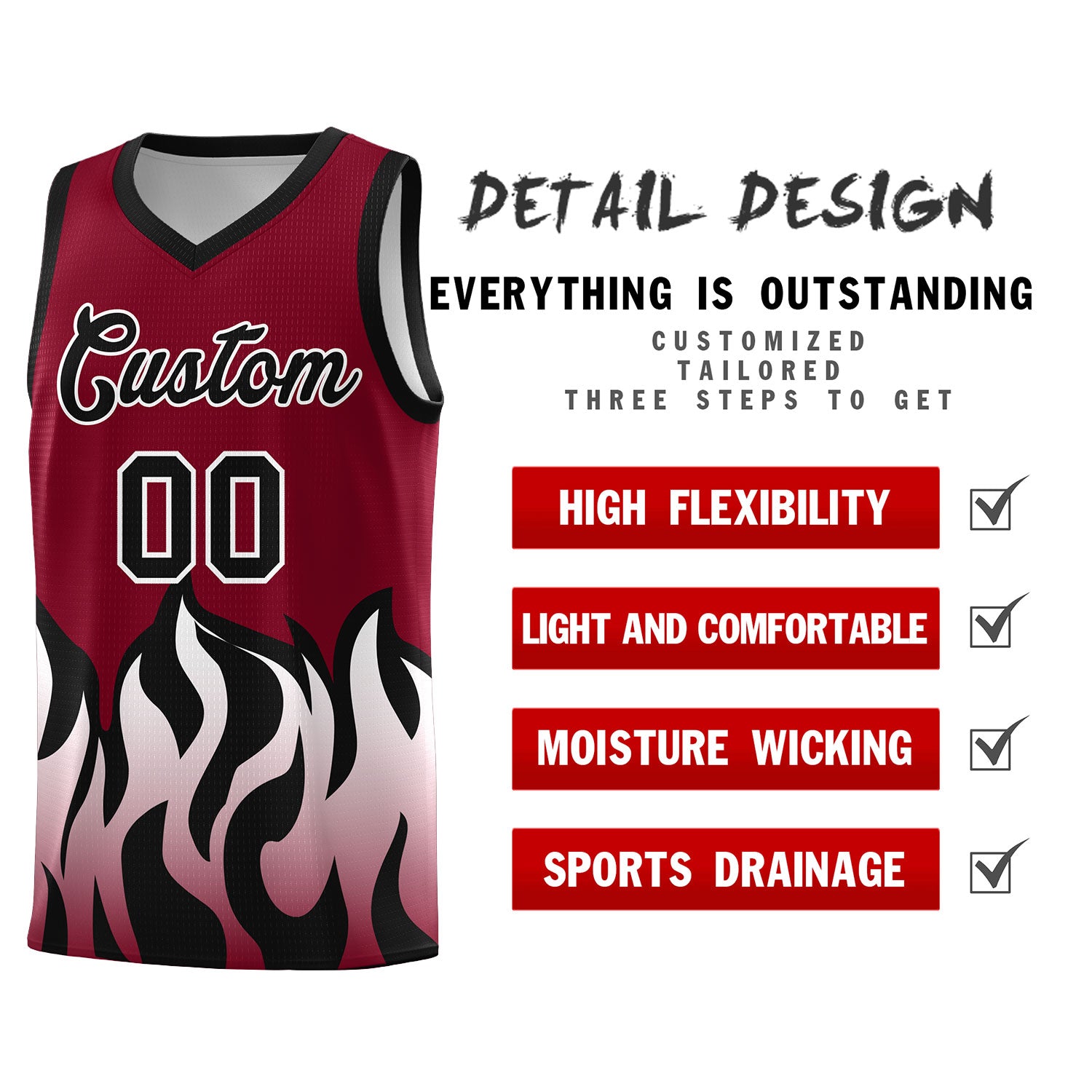 Custom Crimson Black Hem Flame Pattern Fashion Sports Uniform Basketball jersey