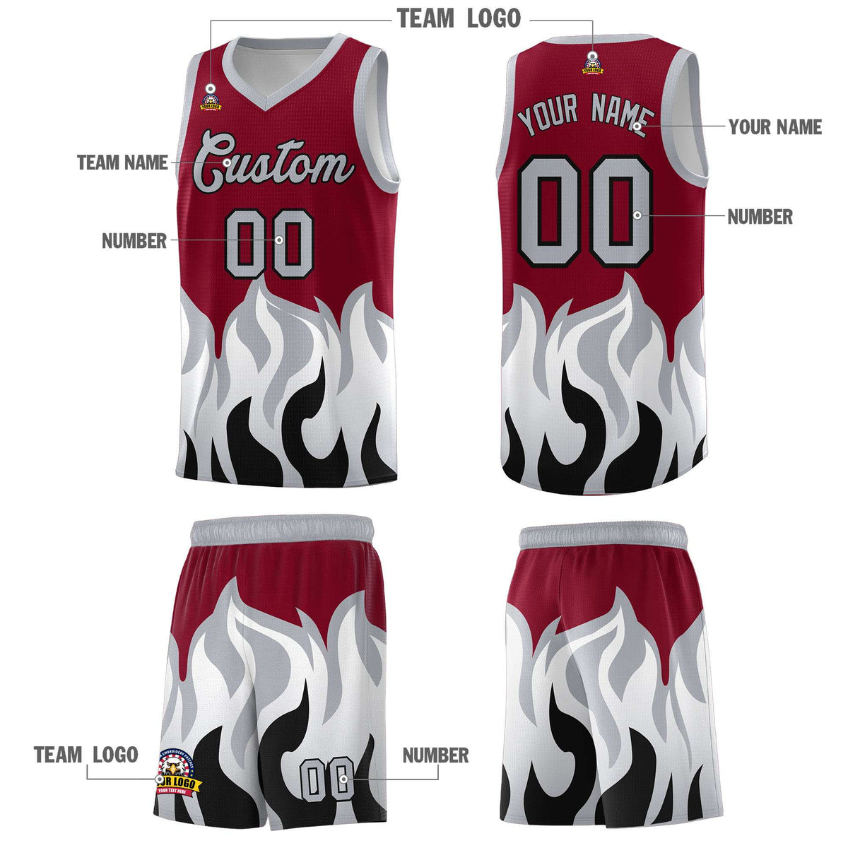 Custom Crimson Gray Hem Flame Pattern Fashion Sports Uniform Basketball jersey