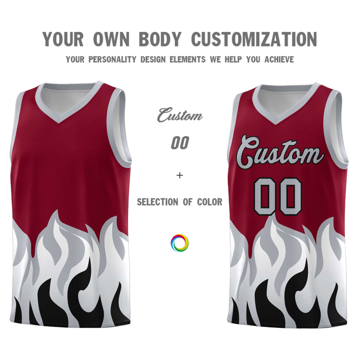 Custom Crimson Gray Hem Flame Pattern Fashion Sports Uniform Basketball jersey