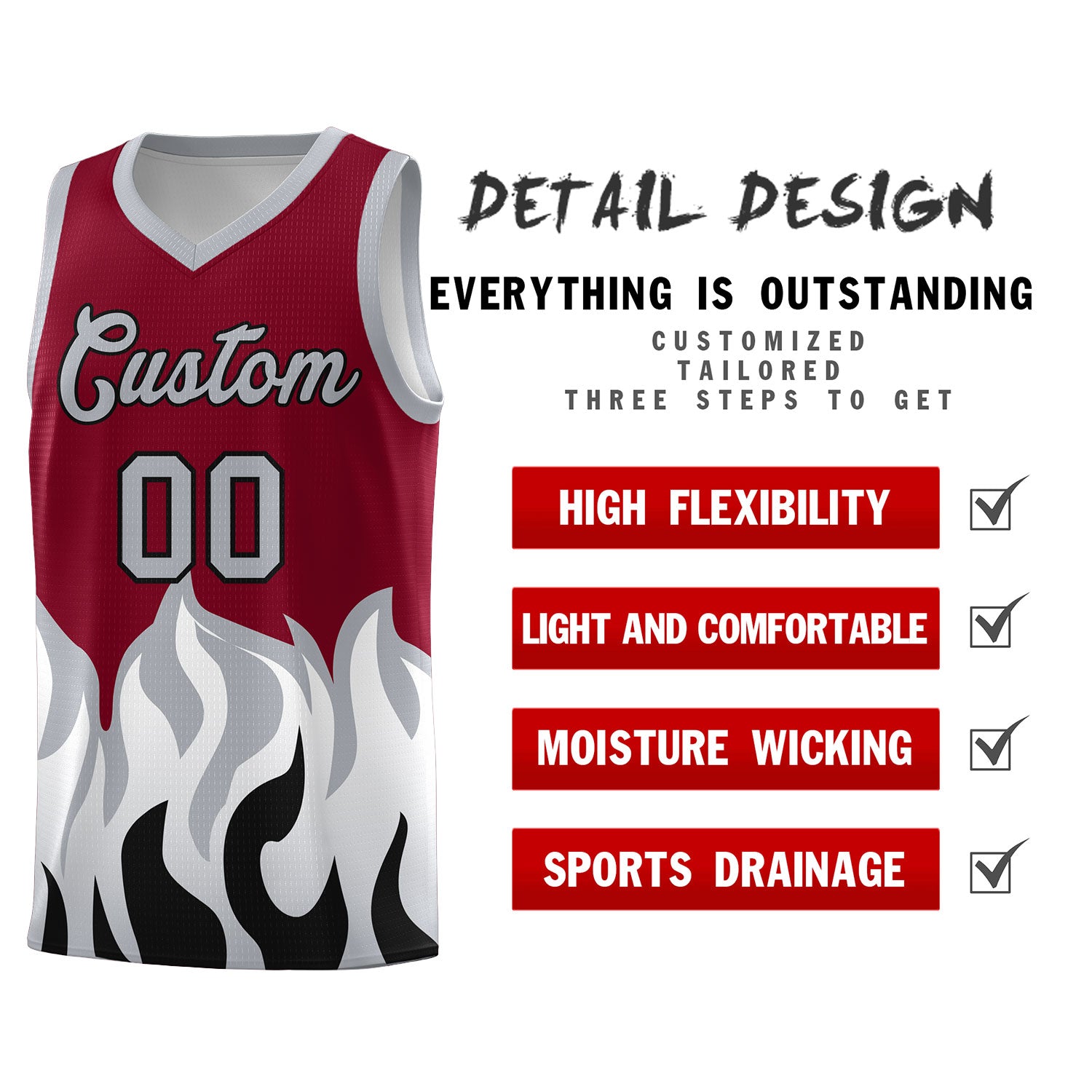Custom Crimson Gray Hem Flame Pattern Fashion Sports Uniform Basketball jersey