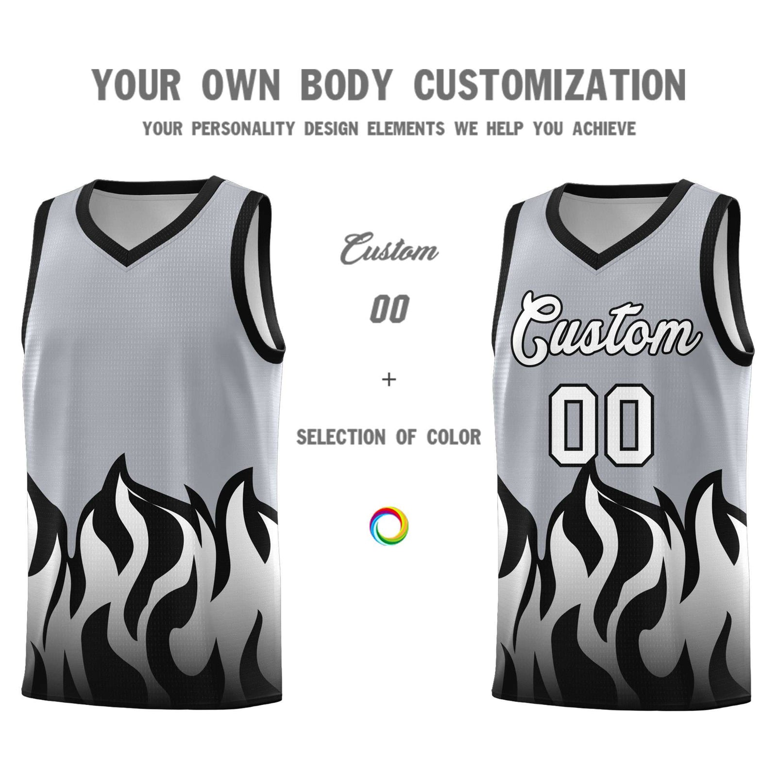 Custom Gray Black Hem Flame Pattern Fashion Sports Uniform Basketball jersey