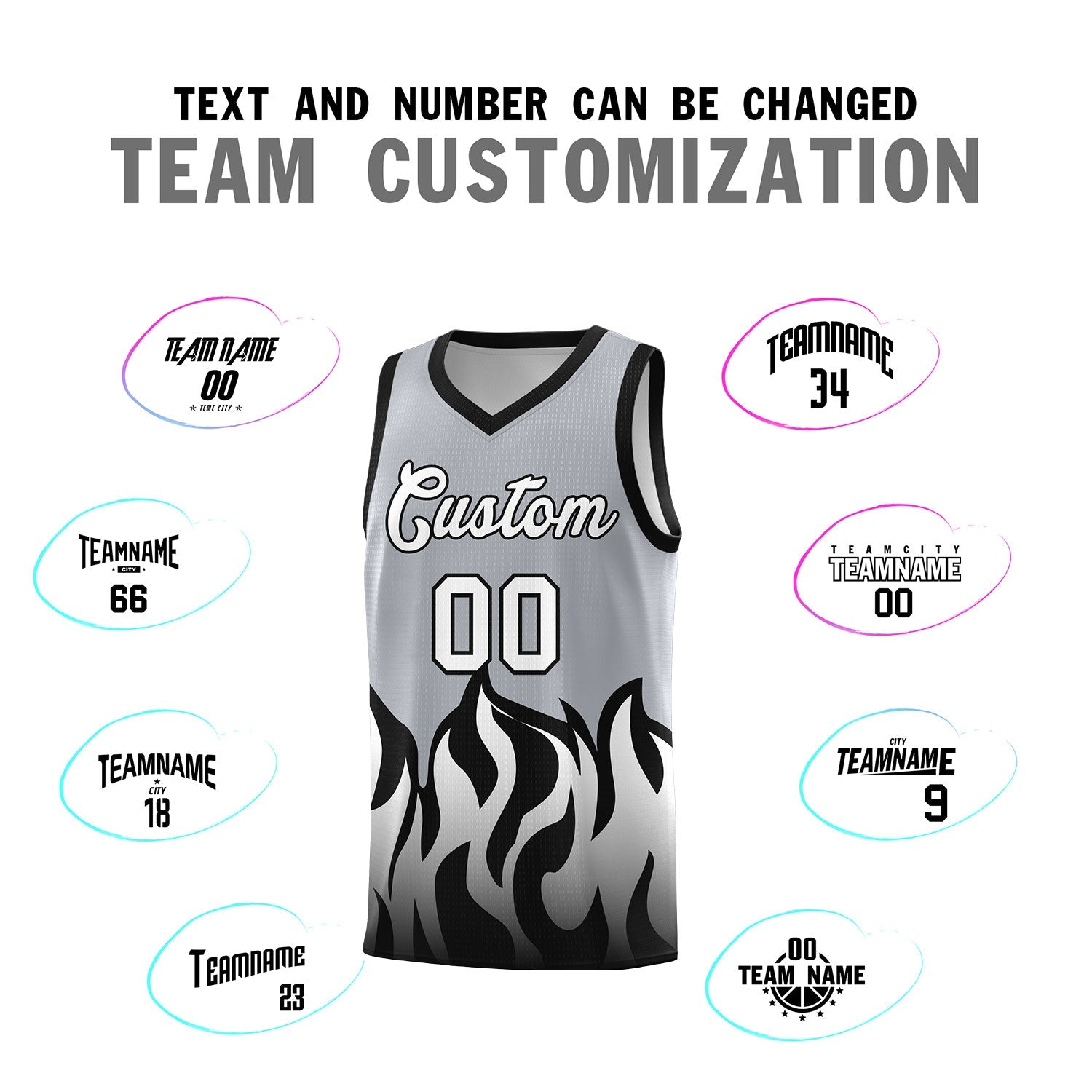 Custom Gray Black Hem Flame Pattern Fashion Sports Uniform Basketball jersey