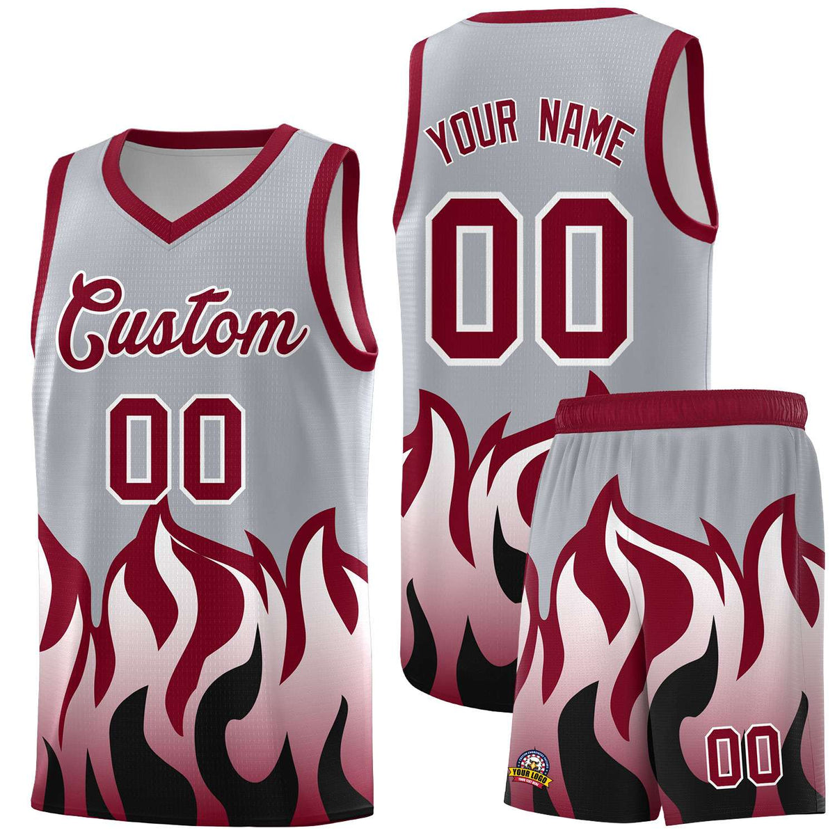 Custom Gray Crimson Hem Flame Pattern Fashion Sports Uniform Basketball jersey