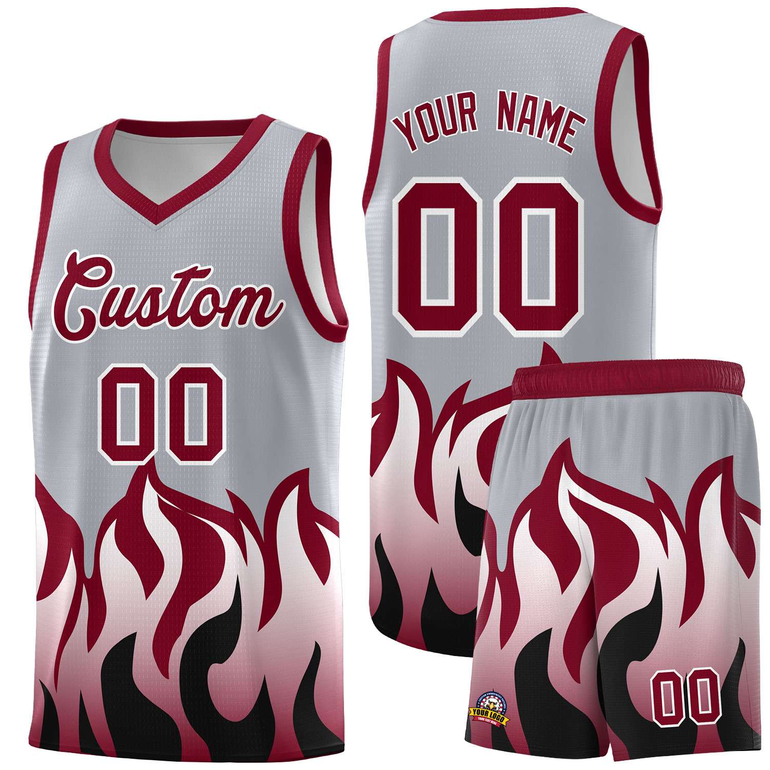 Custom Gray Crimson Hem Flame Pattern Fashion Sports Uniform Basketball jersey