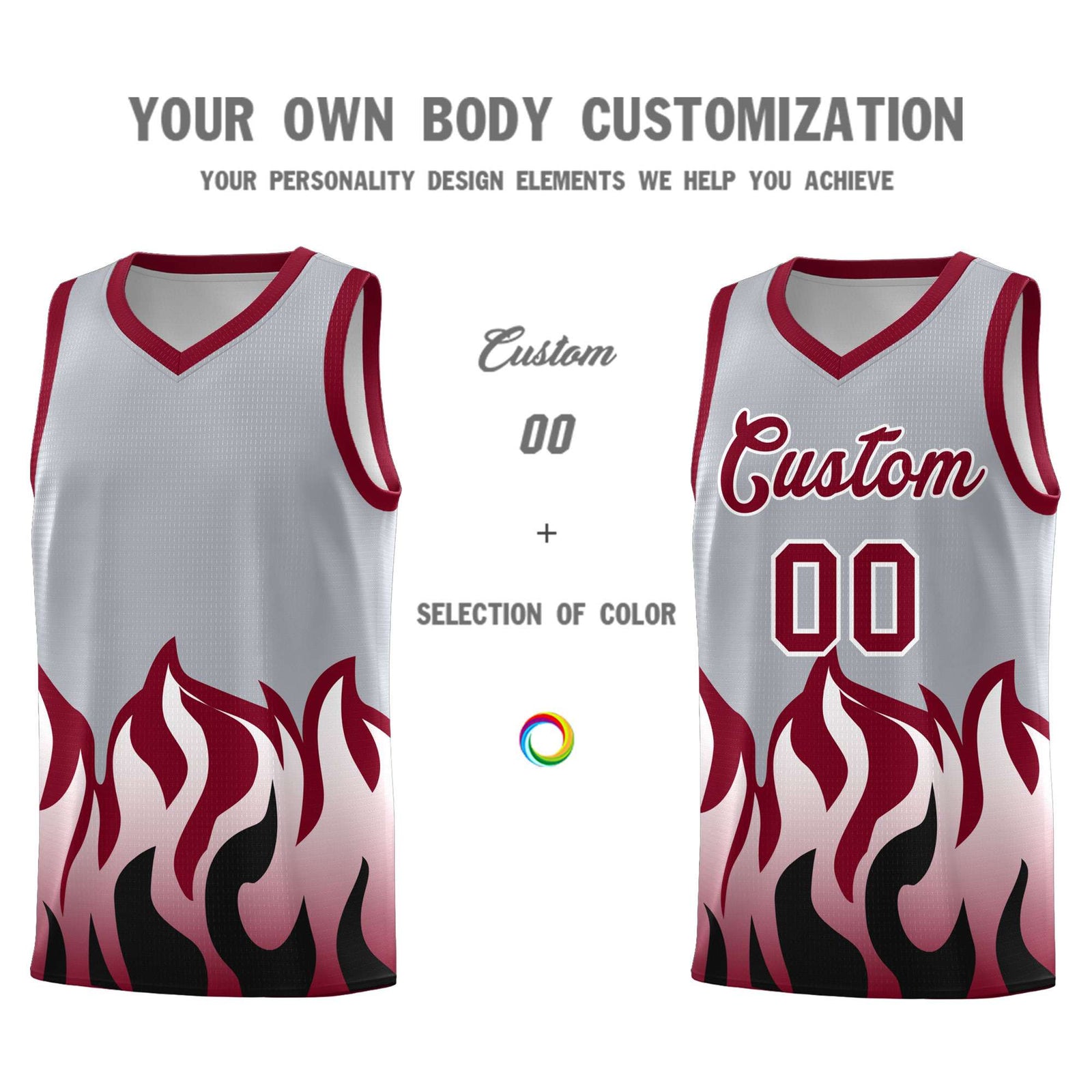 Custom Gray Crimson Hem Flame Pattern Fashion Sports Uniform Basketball jersey