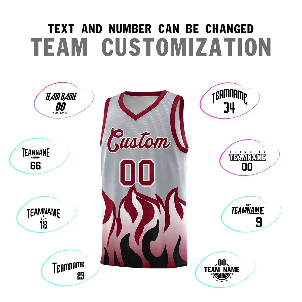 Custom Gray Crimson Hem Flame Pattern Fashion Sports Uniform Basketball jersey