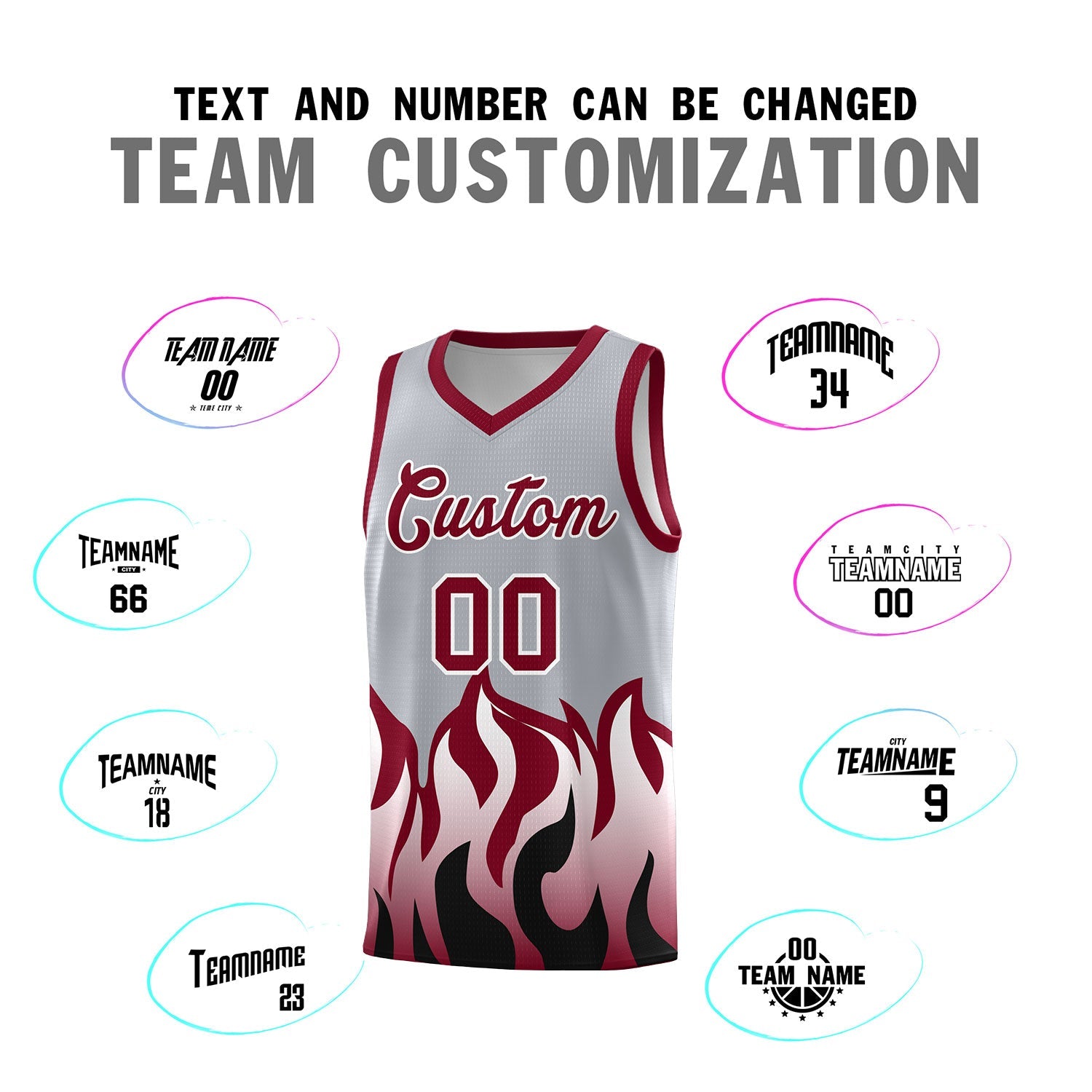 Custom Gray Crimson Hem Flame Pattern Fashion Sports Uniform Basketball jersey