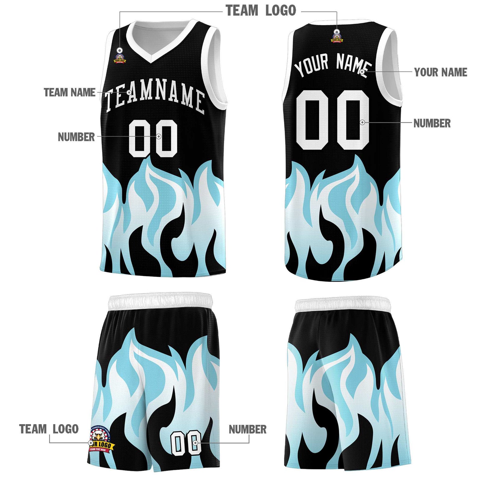 Custom Black Sky Blue Hem Flame Pattern Fashion Sports Uniform Basketball jersey