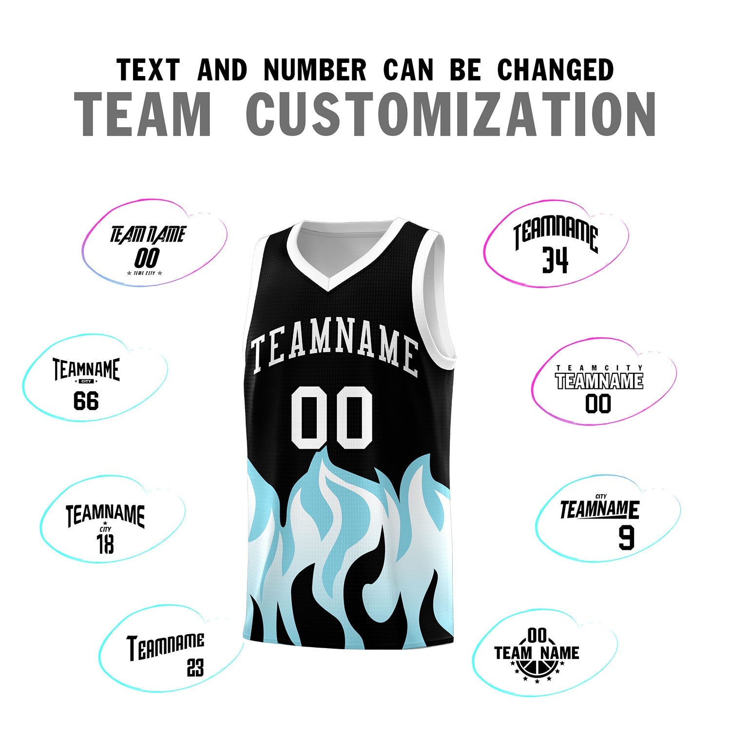 Custom Black Sky Blue Hem Flame Pattern Fashion Sports Uniform Basketball jersey