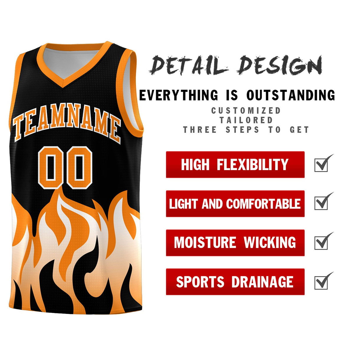 Custom Black Orange Hem Flame Pattern Fashion Sports Uniform Basketball jersey