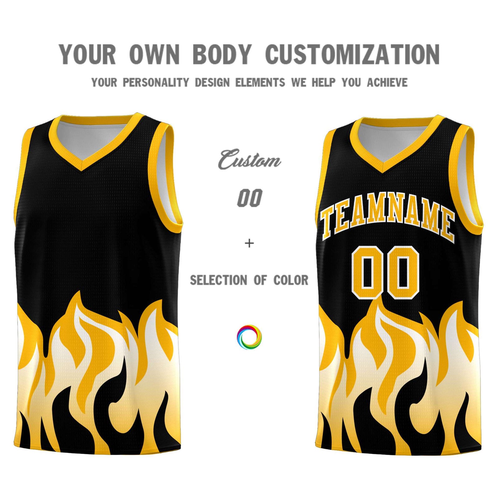 Custom Black Yellow Hem Flame Pattern Fashion Sports Uniform Basketball jersey