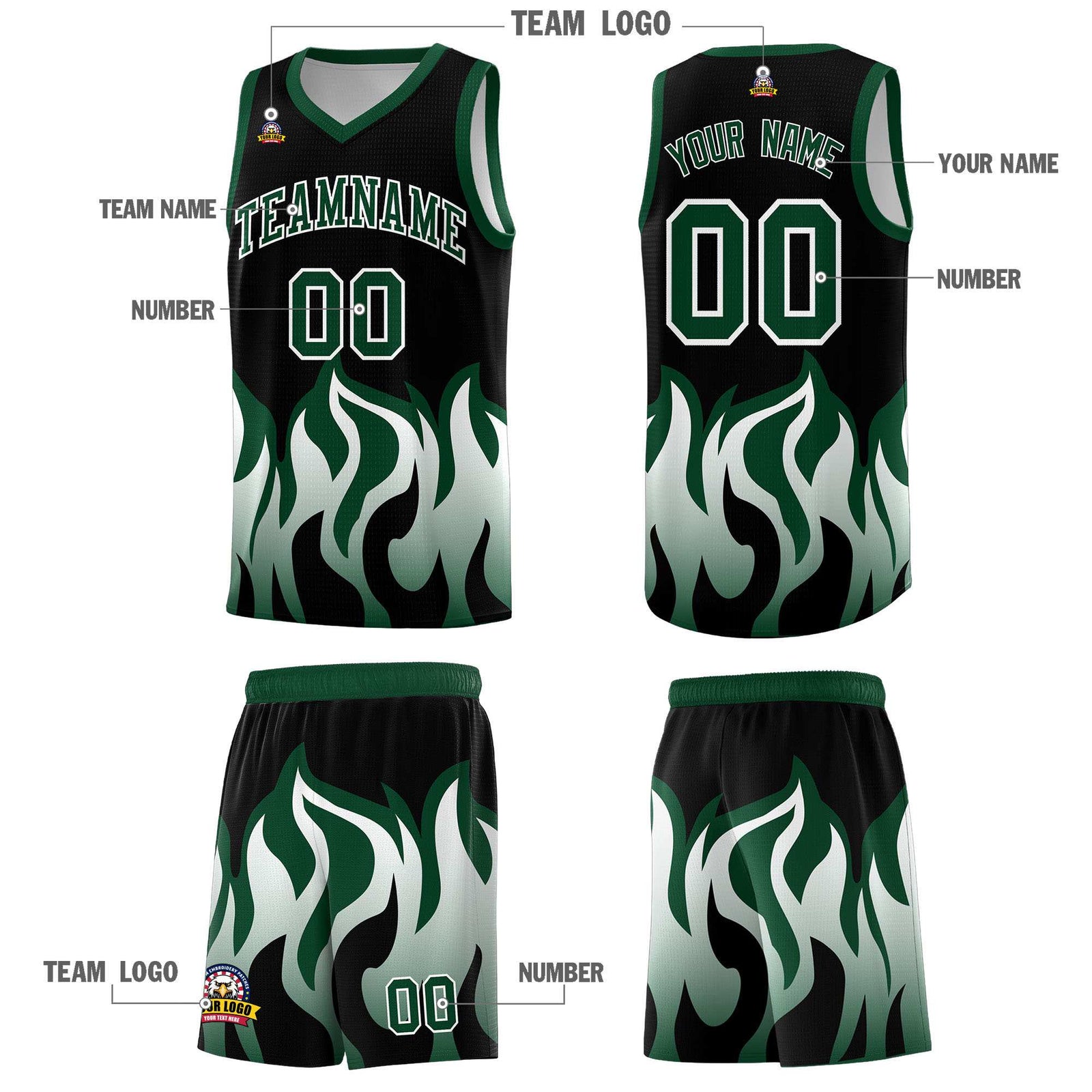 Custom Black Hunter Green Hem Flame Pattern Fashion Sports Uniform Basketball jersey