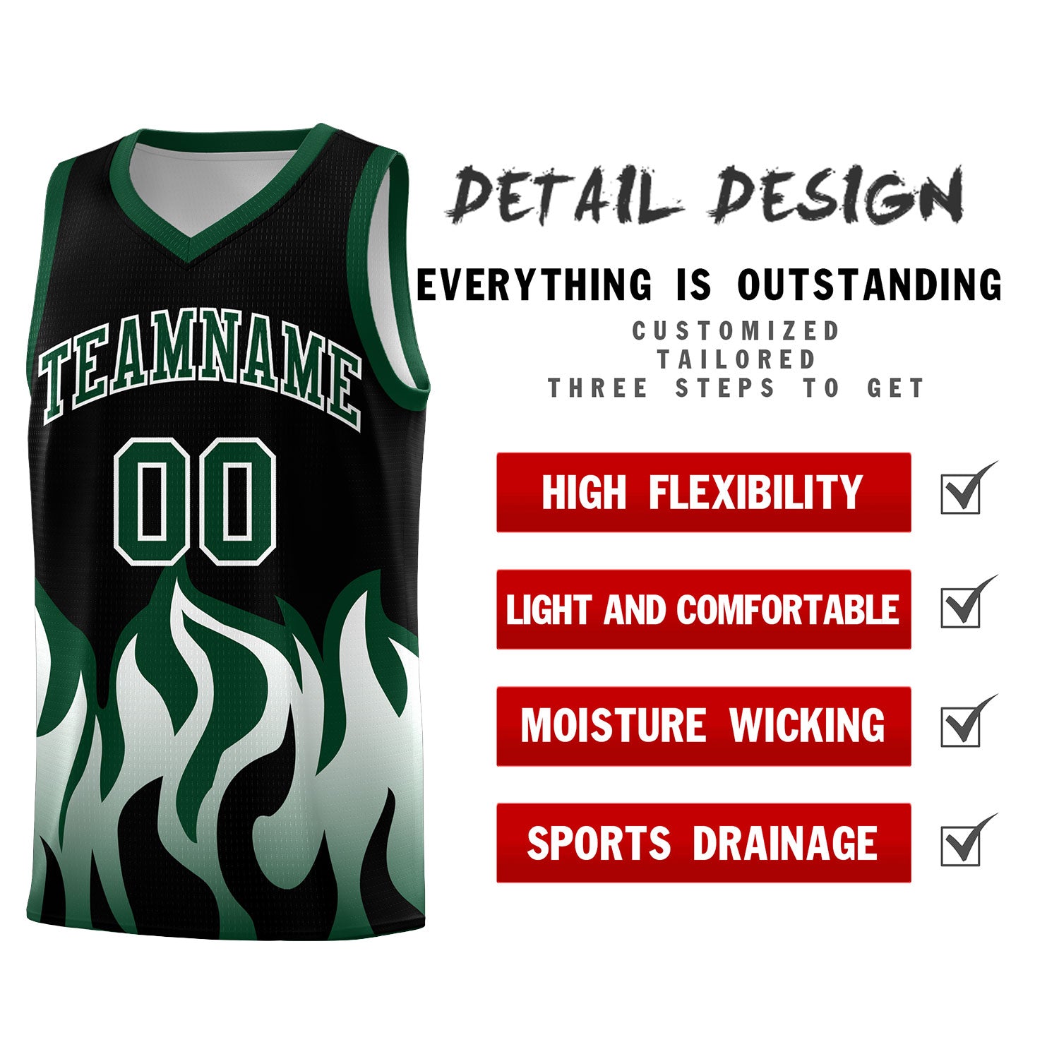 Custom Black Hunter Green Hem Flame Pattern Fashion Sports Uniform Basketball jersey