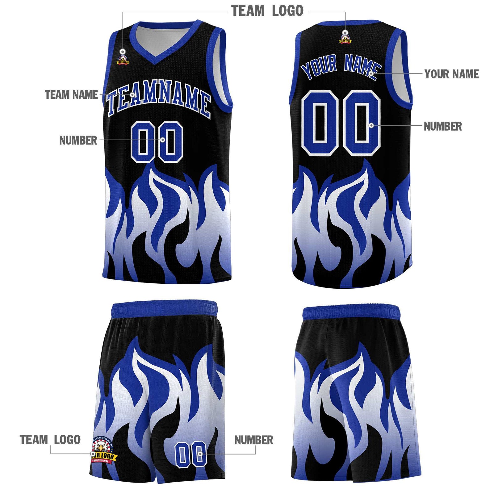 Custom Black Royal Hem Flame Pattern Fashion Sports Uniform Basketball jersey