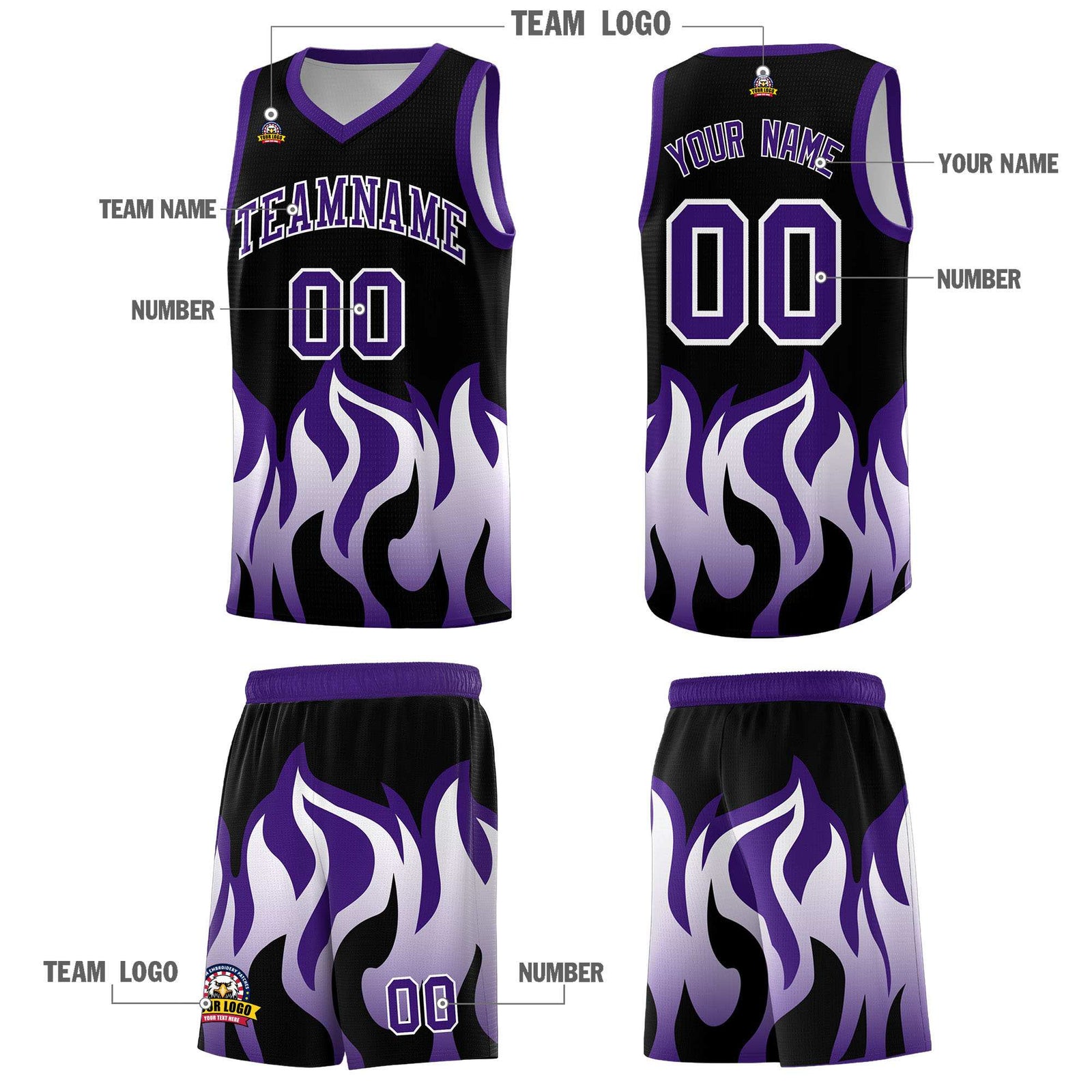 Custom Black Purple Hem Flame Pattern Fashion Sports Uniform Basketball jersey